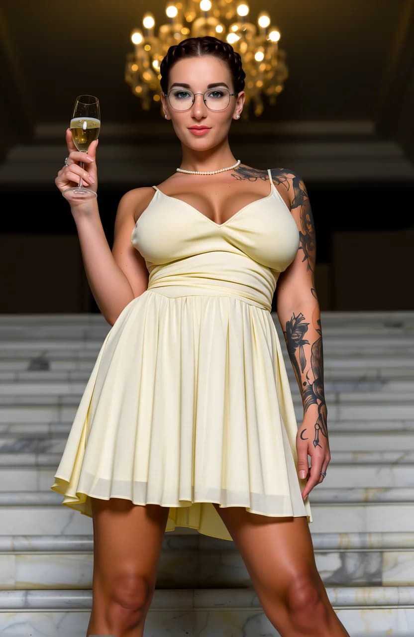 31-year-old caucasian woman with fit body type, large firm breasts with subtle bounce, large athletic butt, freckles across nose and cheeks, green eyes, redhead hair in elegant braids styled in sophisticated updo, wearing stylish glasses, pearl necklace and beautiful earrings, intricate artistic tattoos on shoulders and arms, standing confidently in athletic pose on a grand marble staircase at a luxury venue with opulent chandelier lighting casting glamorous golden highlights and soft dramatic shadows creating a high-fashion atmosphere, holding a champagne glass elegantly in one hand with the other relaxed at her side, dressed in a light flowy knee-length summer dress that clings to her curves with fitted bodice accentuating her large breasts and hips flaring out over her athletic butt, fabric sheer in places revealing toned legs and subtle skin sheen from ambient warmth, full body shot from low angle eye-level POV looking up to emphasize powerful confident stature and leg length, intense direct eye contact with seductive poise and parted lips in a knowing smile, body physics showing muscle tension in thighs and glutes, natural breast lift against dress fabric, flawless skin texture with light freckle detail and pearl glow, mood of empowered glamour and luxury, fashion photography style, photorealistic, sharp focus, intricate details, cinematic depth. Flawless anatomy, no extra digits, no extra limbs, realistic skin texture, high-detail.