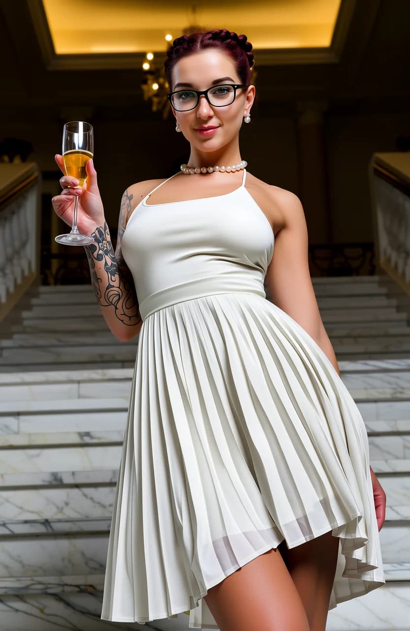 31-year-old caucasian woman with fit body type, large firm breasts with subtle bounce, large athletic butt, freckles across nose and cheeks, green eyes, redhead hair in elegant braids styled in sophisticated updo, wearing stylish glasses, pearl necklace and beautiful earrings, intricate artistic tattoos on shoulders and arms, standing confidently in athletic pose on a grand marble staircase at a luxury venue with opulent chandelier lighting casting glamorous golden highlights and soft dramatic shadows creating a high-fashion atmosphere, holding a champagne glass elegantly in one hand with the other relaxed at her side, dressed in a light flowy knee-length summer dress that clings to her curves with fitted bodice accentuating her large breasts and hips flaring out over her athletic butt, fabric sheer in places revealing toned legs and subtle skin sheen from ambient warmth, full body shot from low angle eye-level POV looking up to emphasize powerful confident stature and leg length, intense direct eye contact with seductive poise and parted lips in a knowing smile, body physics showing muscle tension in thighs and glutes, natural breast lift against dress fabric, flawless skin texture with light freckle detail and pearl glow, mood of empowered glamour and luxury, fashion photography style, photorealistic, sharp focus, intricate details, cinematic depth. Flawless anatomy, no extra digits, no extra limbs, realistic skin texture, high-detail.