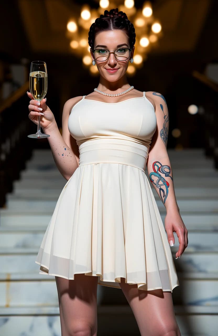 31-year-old caucasian woman with fit body type, large firm breasts with subtle bounce, large athletic butt, freckles across nose and cheeks, green eyes, redhead hair in elegant braids styled in sophisticated updo, wearing stylish glasses, pearl necklace and beautiful earrings, intricate artistic tattoos on shoulders and arms, standing confidently in athletic pose on a grand marble staircase at a luxury venue with opulent chandelier lighting casting glamorous golden highlights and soft dramatic shadows creating a high-fashion atmosphere, holding a champagne glass elegantly in one hand with the other relaxed at her side, dressed in a light flowy knee-length summer dress that clings to her curves with fitted bodice accentuating her large breasts and hips flaring out over her athletic butt, fabric sheer in places revealing toned legs and subtle skin sheen from ambient warmth, full body shot from low angle eye-level POV looking up to emphasize powerful confident stature and leg length, intense direct eye contact with seductive poise and parted lips in a knowing smile, body physics showing muscle tension in thighs and glutes, natural breast lift against dress fabric, flawless skin texture with light freckle detail and pearl glow, mood of empowered glamour and luxury, fashion photography style, photorealistic, sharp focus, intricate details, cinematic depth. Flawless anatomy, no extra digits, no extra limbs, realistic skin texture, high-detail.