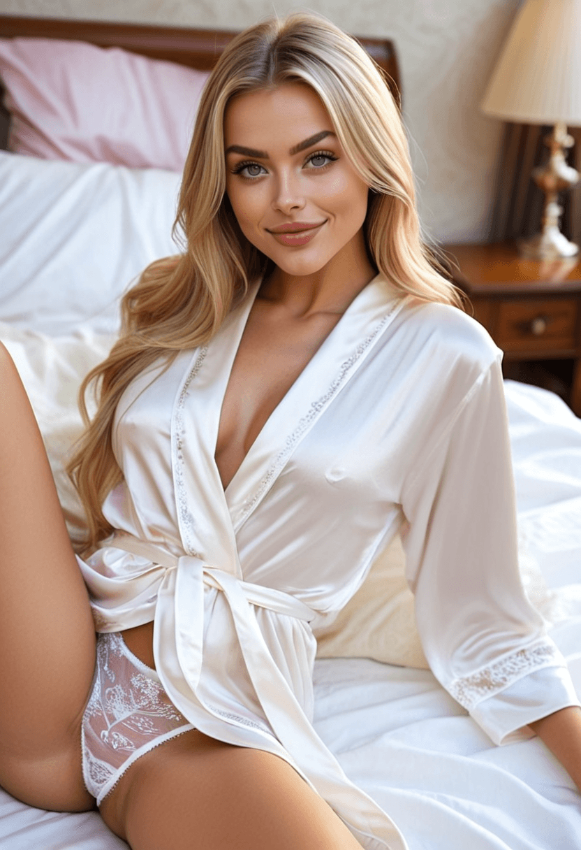woman laid in bed sleeping with her legs open, her panties are white with a little moist stain in the center, pov from her legs, wearing a luxurious satin robe, in a cozy bedroom setting