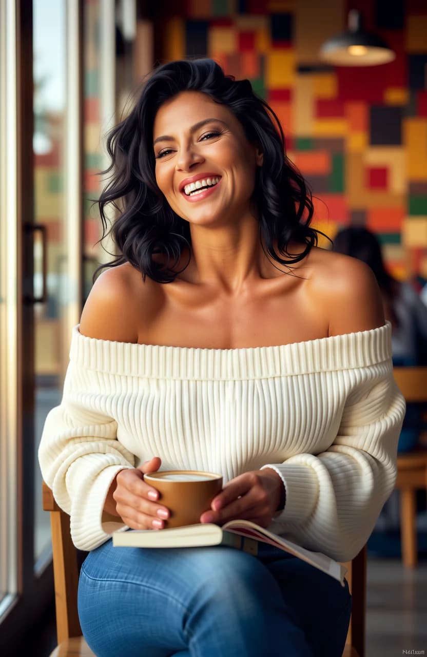 45-year-old Latina woman with muscular body type, black curly hair cascading loosely over her shoulders, warm brown eyes, toned physique with defined shoulders, full breasts showing natural sag from age and muscle, golden tan skin with subtle sheen from warm light, relaxed and sitting comfortably on a wooden chair in a trendy coffee shop filled with warm autumn colors like rich oranges, deep reds, and earthy browns on walls and decor, large windows flooding the scene with soft natural sunlight casting gentle shadows and golden highlights on her face and body, wearing fitted blue jeans hugging her toned thighs and a cozy oversized cream sweater draping loosely over her defined shoulders and full breasts, holding a steaming latte in one hand with steam rising visibly and an open book in the other, legs casually crossed at the knee, body leaning back slightly with relaxed muscle tension and subtle skin sheen glistening on her exposed neck and hands, genuine laughing expression with head tilted back joyfully, mouth open in mirth showing white teeth, crinkled warm brown eyes sparkling with approachable warmth and intense direct eye contact with the viewer conveying genuine joy and comfort, medium close-up from a low three-quarter angle capturing her approachable vibe and casual lifestyle photography mood with cinematic depth of field, soft bokeh on background patrons and coffee shop details. Flawless anatomy, no extra digits, no extra limbs, realistic skin texture, high-detail.
