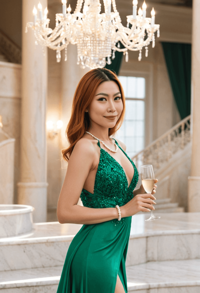 Sophisticated woman in flowing emerald evening gown, standing on marble staircase at luxury venue, chandelier lighting creating glamorous atmosphere, pearl jewelry, elegant updo hairstyle, holding champagne glass, fashion photography style, confident posture
