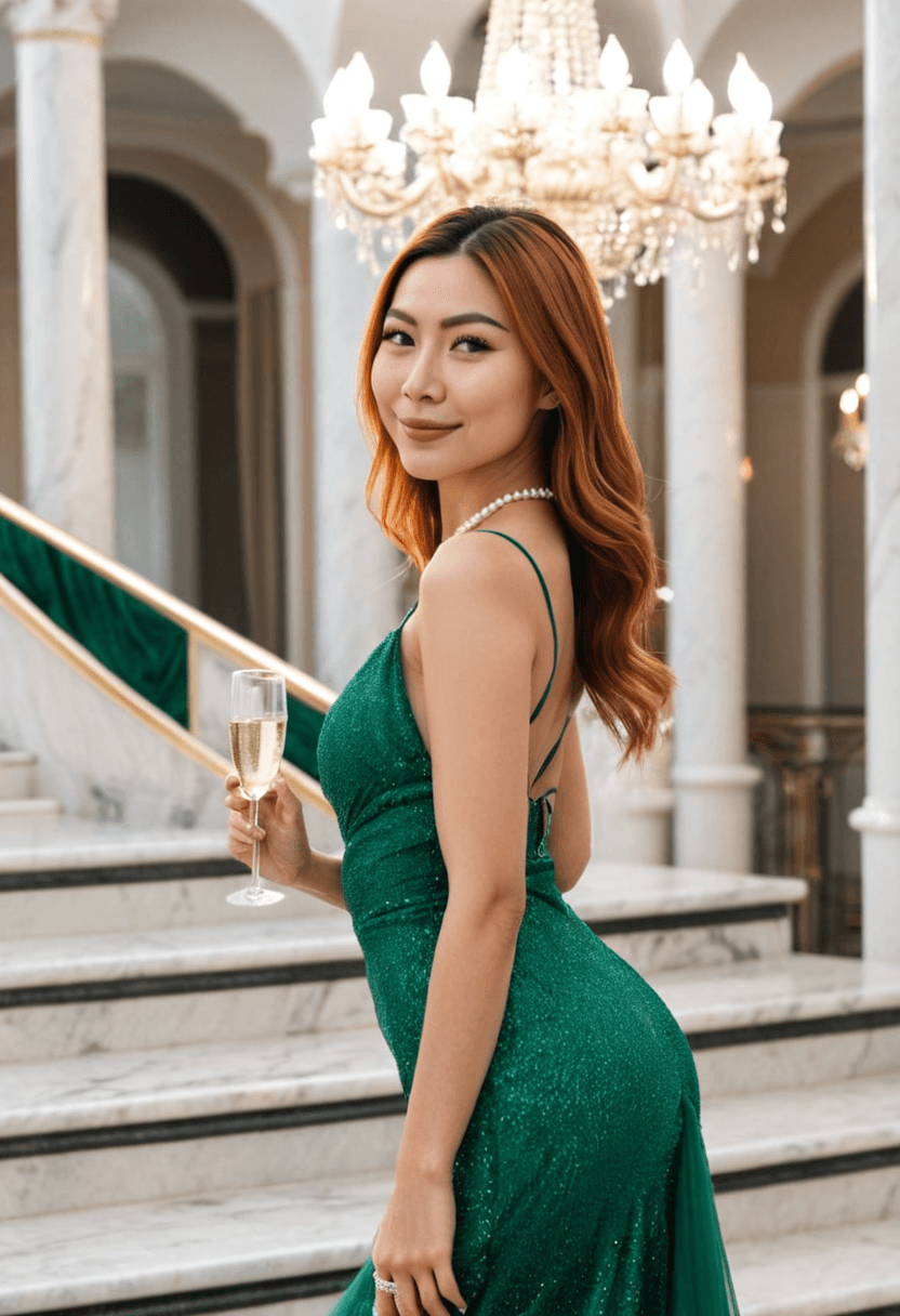 Sophisticated woman in flowing emerald evening gown, standing on marble staircase at luxury venue, chandelier lighting creating glamorous atmosphere, pearl jewelry, elegant updo hairstyle, holding champagne glass, fashion photography style, confident posture