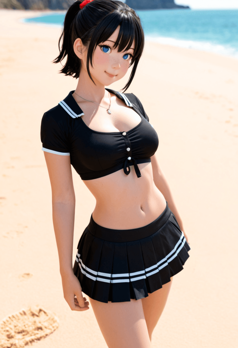 Wearing short black tennis skirt and a crop top shirt, portrait picture, looking at the viewer with a smile, wearing a stylish bikini on the beach, wearing a fashionable mini skirt