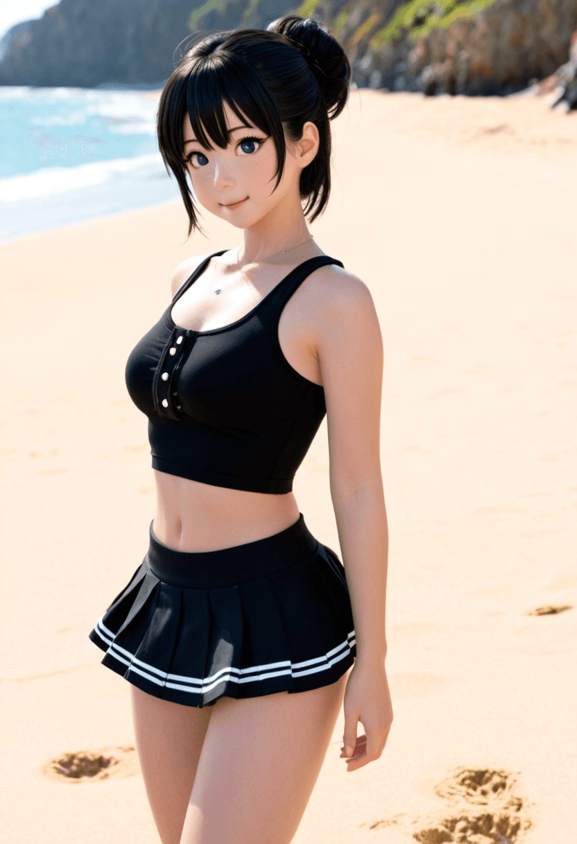 Wearing short black tennis skirt and a crop top shirt, portrait picture, looking at the viewer with a smile, wearing a stylish bikini on the beach, wearing a fashionable mini skirt