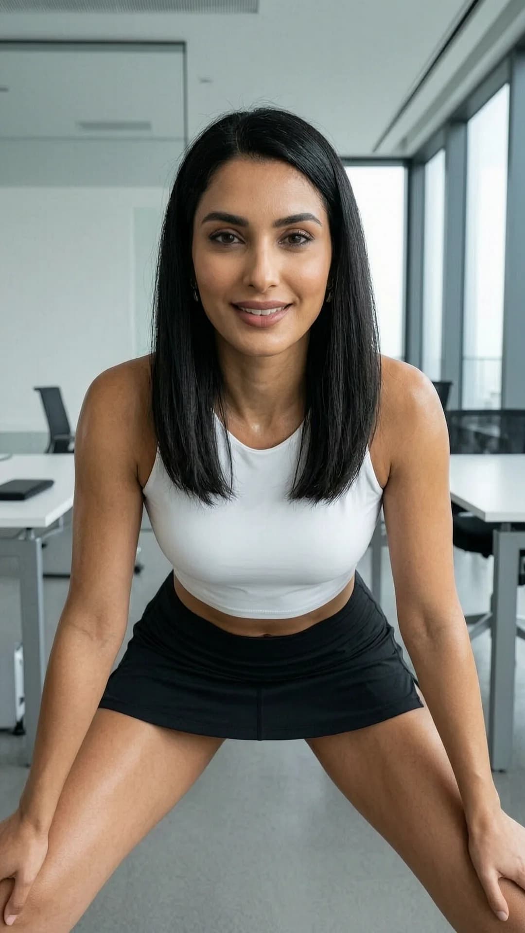A 26-year-old Arabic woman with a fit athletic body, straight black hair, and brown eyes, wearing a short black tennis skirt and a tight white crop top shirt that exposes her midriff, squatting in an athletic wide-legged pose with knees bent and thighs flexed in a modern office setting with sleek desks and large windows, medium close-up portrait from a direct eye-level front angle, looking at the viewer with a bright smile and warm direct eye contact, body leaning slightly forward with natural muscle tension and skin sheen under bright office lighting, Flawless anatomy, no extra digits, no extra limbs, realistic skin texture, high-detail.