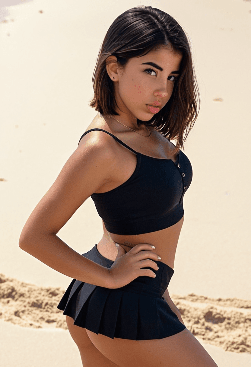 Wearing short black tennis skirt and a crop top shirt, portrait picture, looking at the viewer with a smile, wearing a stylish bikini on the beach