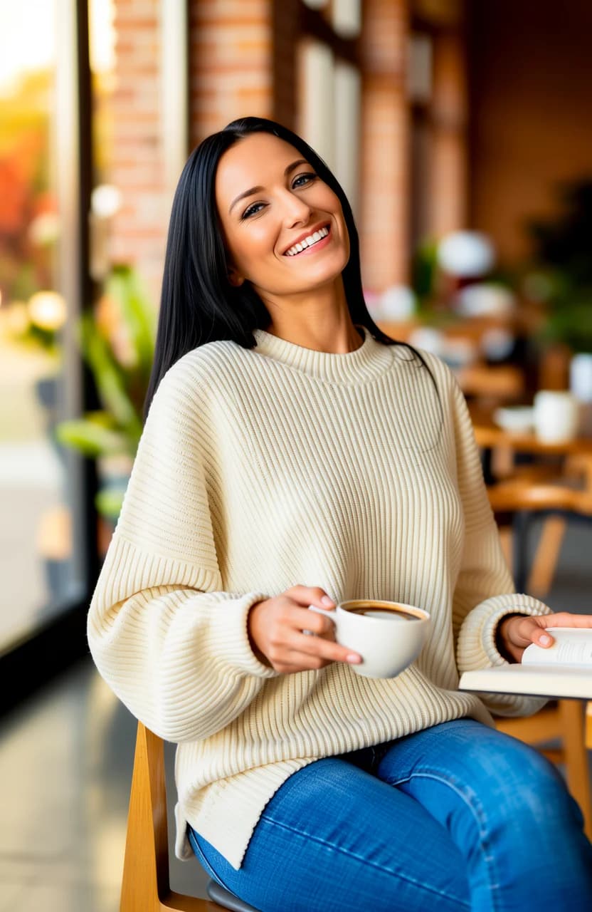 36-year-old Caucasian woman with skinny body type, straight black hair, and striking blue eyes, relaxed and sitting casually on a wooden chair in a trendy coffee shop filled with warm autumn colors like rich oranges, deep browns, and soft golds, natural sunlight streaming through large floor-to-ceiling windows casting gentle golden glows and soft shadows across the cozy interior with exposed brick walls, potted plants, and scattered tables, wearing fitted blue jeans hugging her slim legs and a cozy oversized cream-colored sweater draping loosely over her slender frame with sleeves pushed up to her elbows, holding a steaming latte in one hand and an open book in the other, genuine laughing expression with head slightly tilted back, mouth open in joyful mirth, cheeks flushed with warmth, making direct eye contact with the viewer with sparkling blue eyes full of approachable delight and comfort, medium close-up from a low slight side angle capturing her upper body and relaxed posture with one leg crossed over the other, skinny arms loosely posed, subtle body physics with natural slender contours and gentle breast shape under the sweater, soft skin sheen from the sunlight with faint freckles and realistic texture, comfortable and inviting casual lifestyle vibe like cinematic photography with warm bokeh background and shallow depth of field. Flawless anatomy, no extra digits, no extra limbs, realistic skin texture, high-detail.