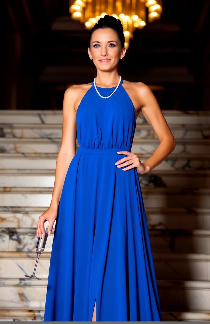 36-year-old Caucasian woman with skinny body type, straight black hair in an elegant updo, piercing blue eyes, sophisticated and glamorous, standing confidently on a grand marble staircase at a luxury venue with opulent chandelier lighting casting dramatic golden highlights and soft shadows creating a glamorous atmosphere, wearing a form-fitting flowing blue evening gown with a subtle slit revealing one toned leg, pearl necklace and earrings sparkling, holding a crystal champagne glass delicately in one hand with the other resting on her hip, confident posture with chest slightly forward and one foot advanced on the step, medium shot from a low three-quarter angle looking up to emphasize elegance and poise, direct intense eye contact with the viewer conveying poised allure and subtle smile with lips gently parted, skin glowing with subtle sheen under warm lighting, body physics showing slender toned arms and subtle collarbone definition with natural breast lift under the gown's fabric tension, flawless anatomy, no extra digits, no extra limbs, realistic skin texture, high-detail.