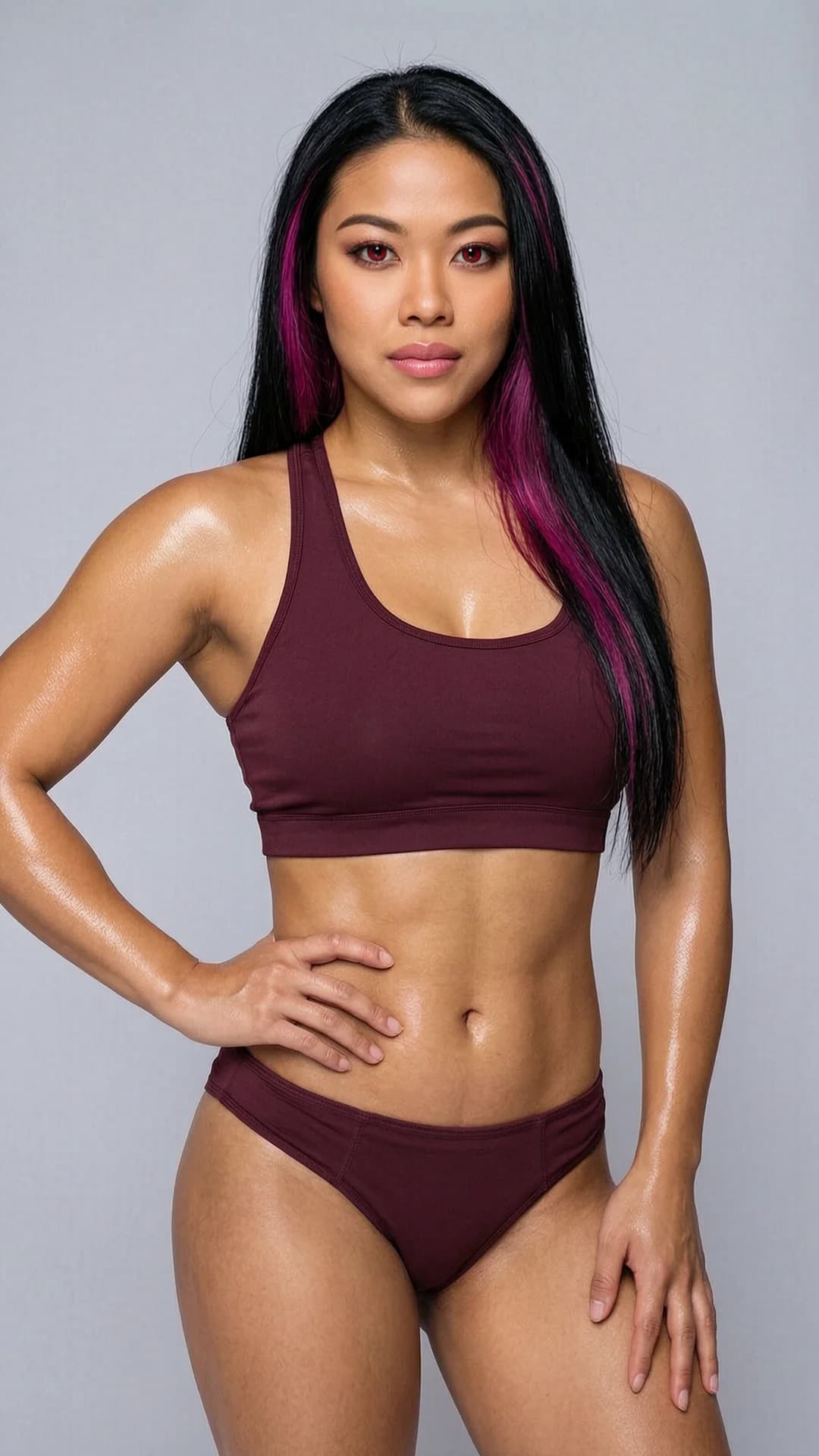 24-year-old South Korean fitness model with long straight black hair featuring magenta underdye peeking through, intense red eyes, muscular and voluptuous body curvy, big boobs, with visible abs and defined waist, standing tall in a confident athletic pose with one hand on her hip and shoulders squared forward in a minimalist photography studio, wearing a tight maroon sports bra and minimal matching athletic bikini bottoms, soft studio lighting with gentle shadows highlighting her highly detailed skin texture and subtle sweat sheen, medium close-up from front angle with intense direct eye contact and confident neutral expression, lips lightly closed, photorealistic raw photo, sharp focus, Flawless anatomy, no extra digits, no extra limbs, realistic skin texture, high-detail.
