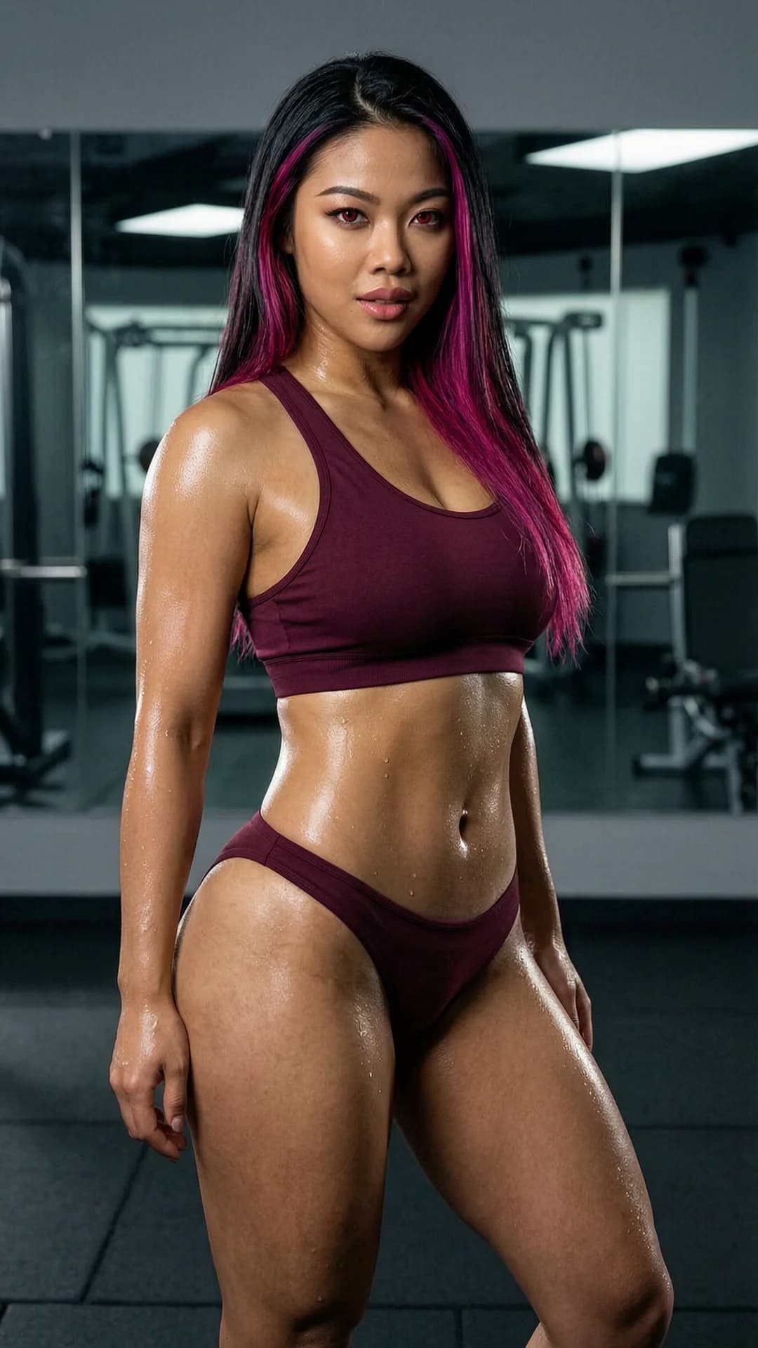 24-year-old South Korean Asian woman with straight long black hair featuring vibrant magenta under-dye, piercing red eyes, and a muscular yet extremely voluptuous hourglass body with heavy bust, tiny snatched waist, prominent wide hips and toned abs, captured in a straight-on medium close-up eye-level POV inside a fitness studio with mirrored walls and equipment in soft focus, wearing an ultra-skimpy maroon micro sports bra and matching low-rise micro bikini bottoms that cling tightly to her extreme curves, standing with one hip cocked and shoulders slightly arched to emphasize her physique, intense seductive eye contact with playful lust directly at the viewer and lips parted, glistening wet sweat sheen across highly detailed skin under moody dramatic studio lighting with deep shadows sculpting her muscular curves and abs, photorealistic raw photo, 8k resolution, cinematic composition, flawless anatomy, no extra digits, no extra limbs, realistic skin texture, high-detail.