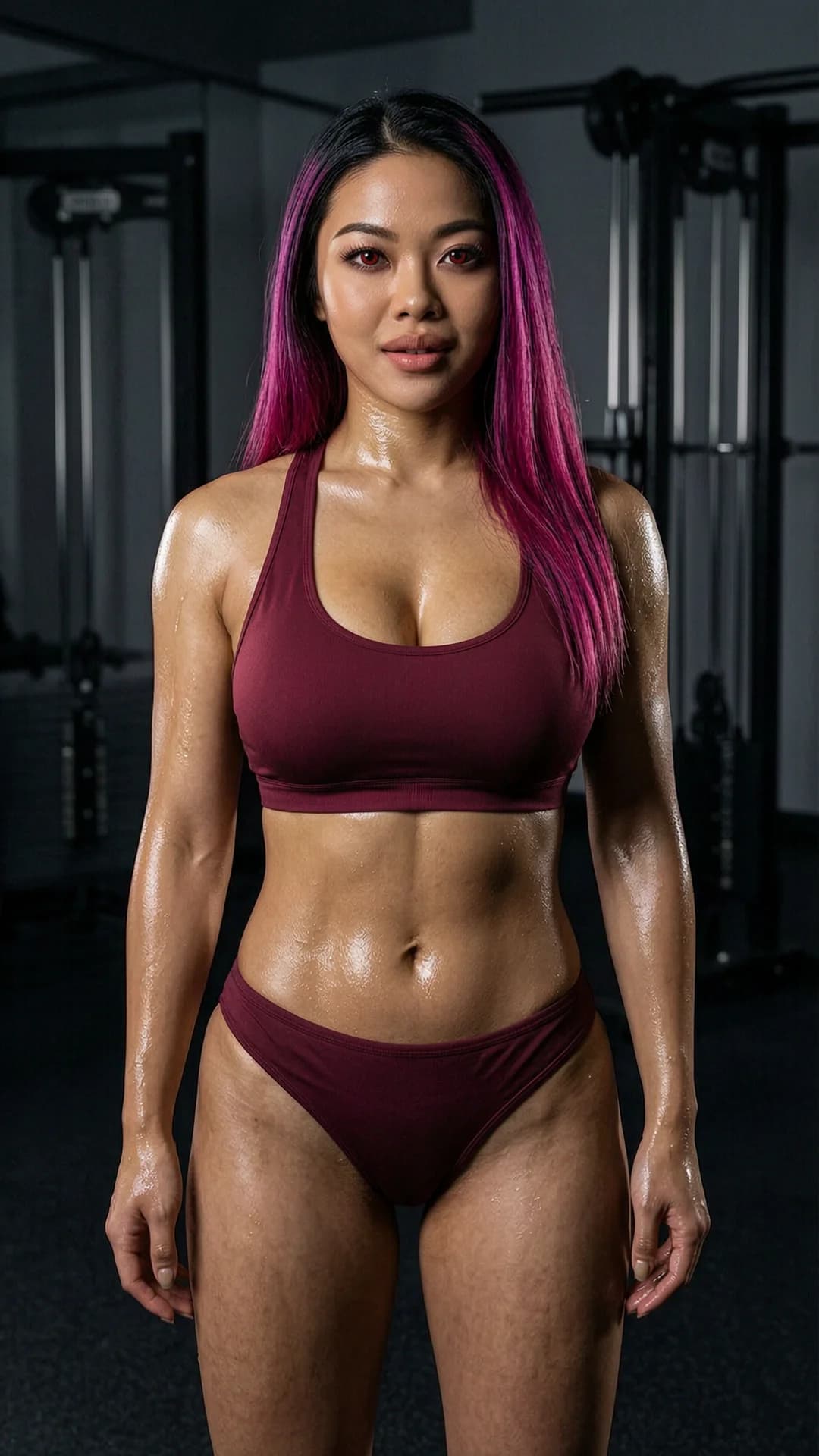 A 24-year-old South Korean woman with long straight black hair featuring vibrant magenta under-dye, striking red eyes, extremely voluptuous muscular hourglass figure, heavy bust, tiny snatched waist and prominent wide hips, captured in a photorealistic raw photo wearing an ultra-skimpy maroon micro sports bra and matching low-rise micro bikini bottoms that accentuate her extreme curves, standing in a fitness studio background with dramatic moody studio lighting casting deep shadows across her glistening wet sweat-sheened skin and toned abs, direct frontal eye-level camera angle, intense upward seductive eye contact with playful lust and parted lips, raw photo, 8k resolution, cinematic composition. Flawless anatomy, no extra digits, no extra limbs, realistic skin texture, high-detail.