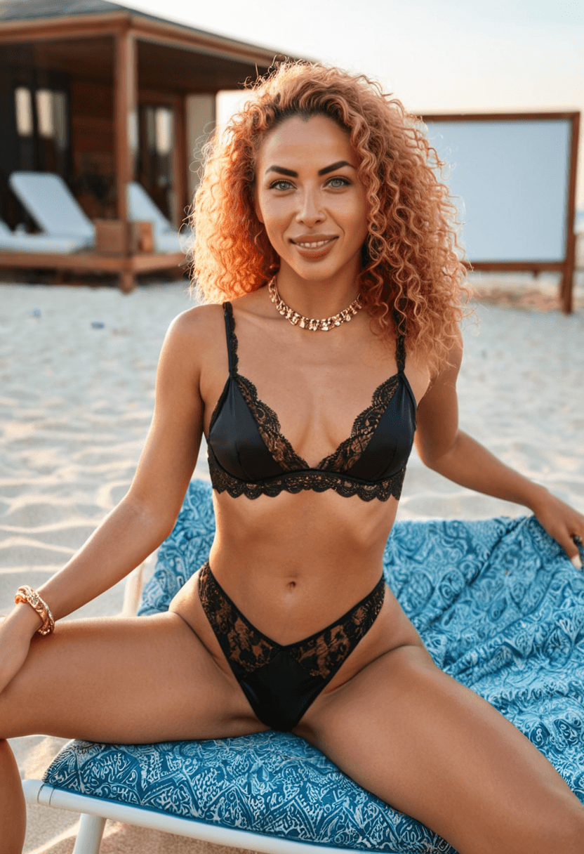 Wearing black lace lingerie, a portrait picture, looking at the viewer with a smile, squatting position, athletic pose, tanning on a beach lounger, in a cozy bedroom setting, wearing a stylish bikini on the beach, dining at an elegant restaurant, wearing a fashionable choker, in a modern office setting