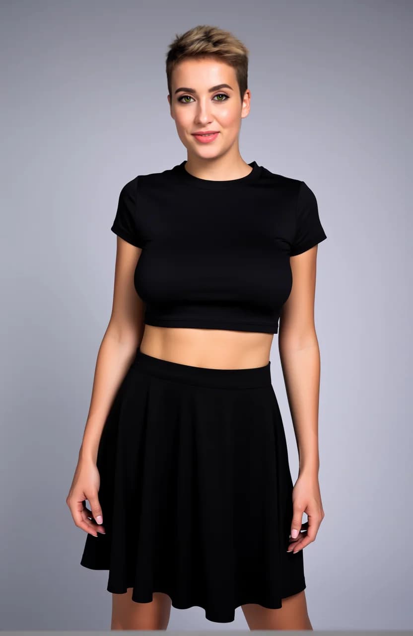 Wearing short black tennis skirt and a crop top shirt, portrait picture, looking at the viewer with a smile, wearing an elegant knee-length skirt