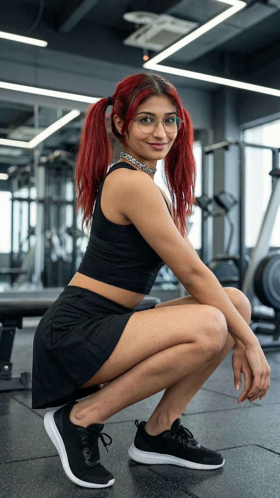 A 24-year-old skinny Indian woman with red pigtails, green eyes, wearing stylish glasses and a fashionable choker, dressed in a short black tennis skirt and tight crop top shirt, squatting in an athletic pose while working out at a modern fitness gym, full body shot from a low front angle POV, intense direct eye contact with the viewer and a warm playful smile, lips slightly parted, relaxed athletic stance with knees bent and back straight, dynamic gym lighting with soft shadows highlighting her toned physique, realistic style, Flawless anatomy, no extra digits, no extra limbs, realistic skin texture, high-detail.