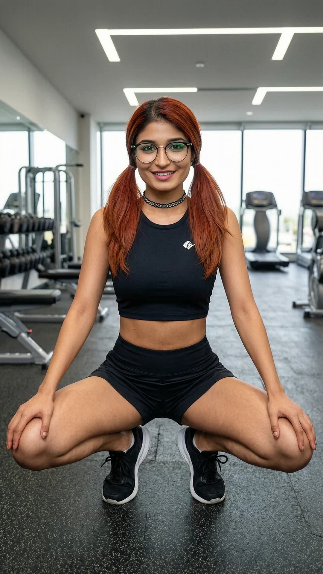 A 24-year-old Indian woman with skinny build, red pigtails, green eyes, stylish glasses and a fashionable choker, wearing a short black tennis skirt and tight crop top shirt, squatting in an athletic pose with knees bent and thighs flexed at a modern fitness gym, full body frontal shot from eye-level angle, direct eye contact with the viewer and a bright smile, relaxed athletic activity with toned muscle tension and natural skin sheen, flawless anatomy, no extra digits, no extra limbs, realistic skin texture, high-detail.