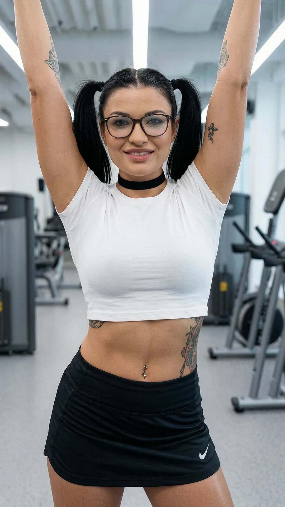 A 24-year-old Caucasian woman with black pigtails, brown eyes, fit athletic body, wearing glasses, visible belly piercings and tattoos, dressed in a tight white crop top shirt and short black tennis skirt with a fashionable black choker, standing in a modern fitness gym with sleek equipment and bright overhead lighting, gracefully stretching her arms upward in an athletic pose with toned muscles flexed and slight skin sheen from exertion, front-facing medium close-up portrait view directly at the viewer with warm friendly smile and direct eye contact, flawless anatomy, no extra digits, no extra limbs, realistic skin texture, high-detail.