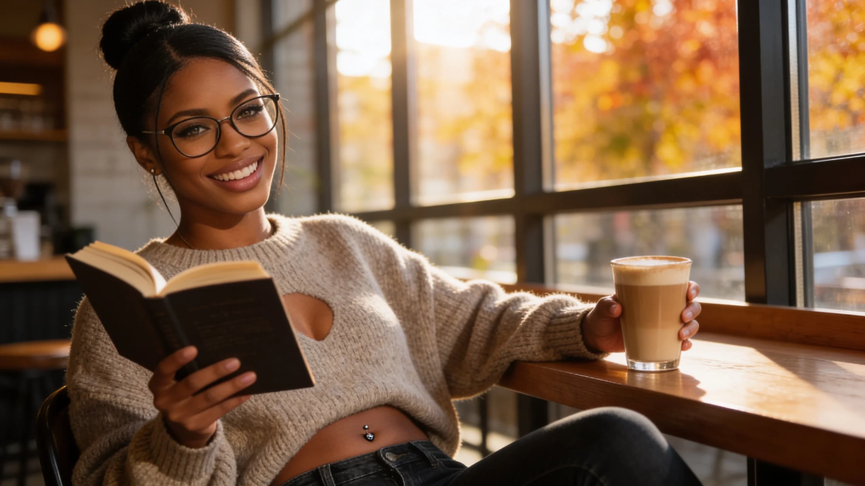 A 22-year-old black woman with fit body type, black hair in a bun, green eyes behind stylish glasses, wearing a cozy oversized sweater that subtly outlines her nipple piercings and fitted jeans, sitting relaxed at a wooden table in a trendy coffee shop holding an open book in one hand and a latte in the other, natural sunlight streaming through large windows casting warm autumn colors across the scene, genuine laughing expression with direct eye contact toward the viewer conveying approachable joy and warmth, medium close-up from a slight three-quarter angle, comfortable and approachable vibe, body relaxed with natural posture, flawless anatomy, no extra digits, no extra limbs, realistic skin texture, high-detail.