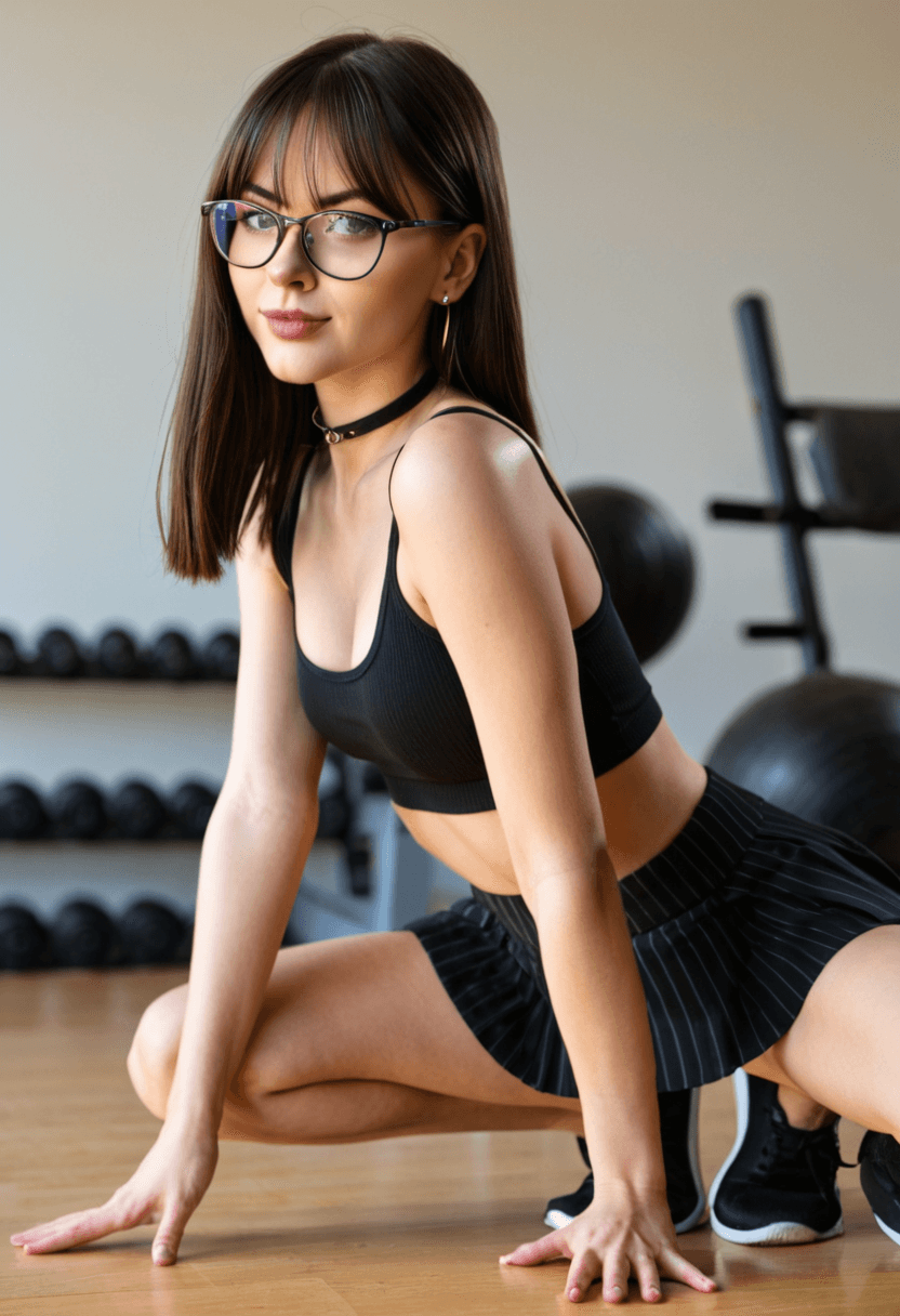 Wearing short black tennis skirt and a crop top shirt, portrait picture, looking at the viewer with a smile, squatting position, athletic pose, stretching gracefully, in a classroom environment, wearing a fashionable mini skirt, working out at the gym, athletic activity, wearing a fashionable choker, wearing beautiful earrings