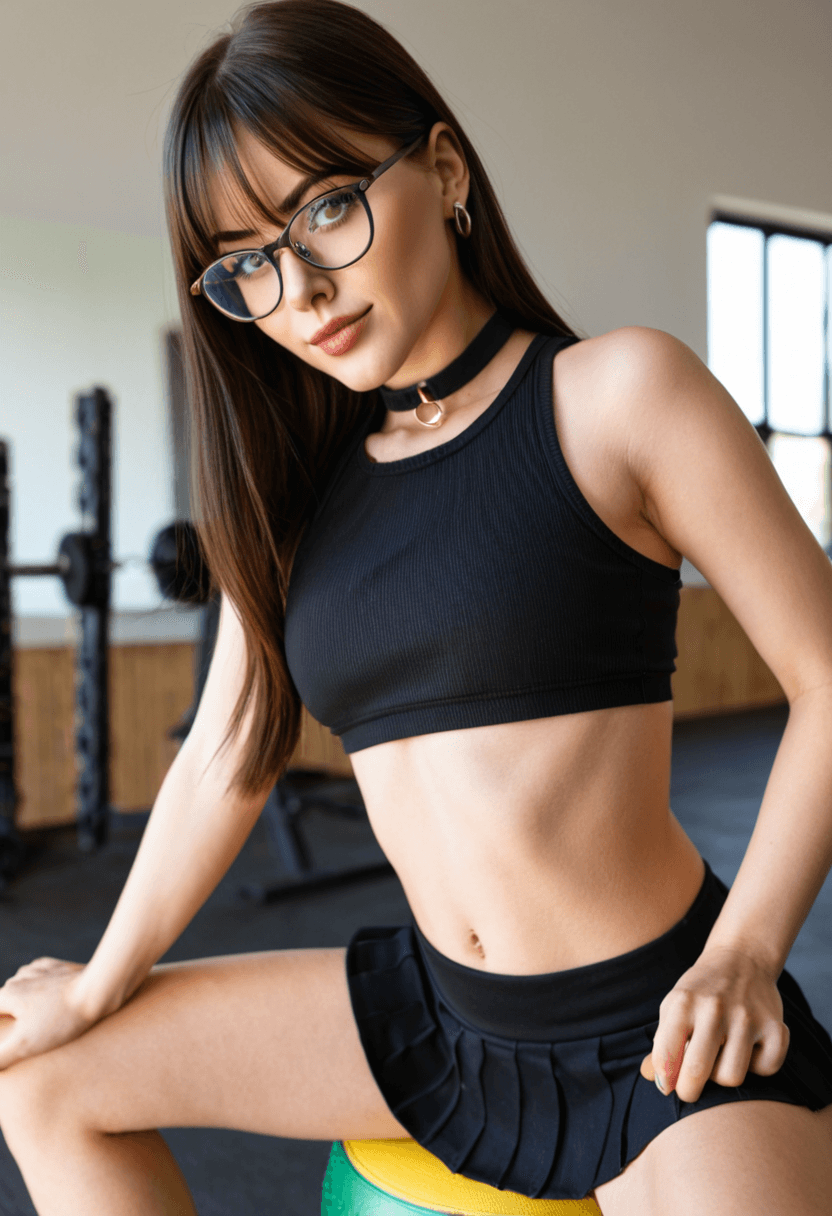 Wearing short black tennis skirt and a crop top shirt, portrait picture, looking at the viewer with a smile, squatting position, athletic pose, stretching gracefully, in a classroom environment, wearing a fashionable mini skirt, working out at the gym, athletic activity, wearing a fashionable choker, wearing beautiful earrings
