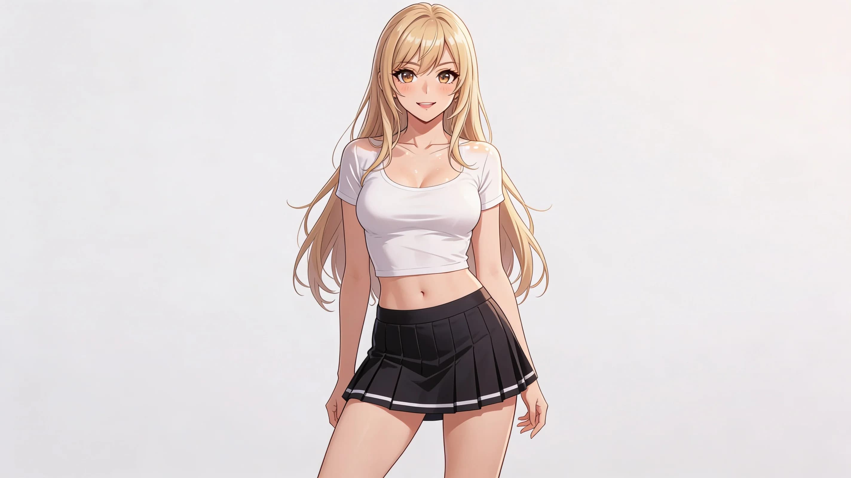A caucasian 34-year-old woman with long blonde hair, brown eyes, and a skinny body type stands in a close-up front-facing portrait shot wearing a tight white crop top shirt that accentuates her modest breasts in natural position and a short black tennis mini skirt with fashionable pleats, her long legs slightly apart in a relaxed pose, direct eye contact with a warm inviting smile and parted lips, subtle blush marks on cheeks, light skin sheen across collarbones and shoulders, soft atmospheric lighting highlighting fabric folds on the clothing, anime style, high-quality illustration. Flawless anatomy, no extra digits, no extra limbs, detailed anime shading, high-quality illustration.
