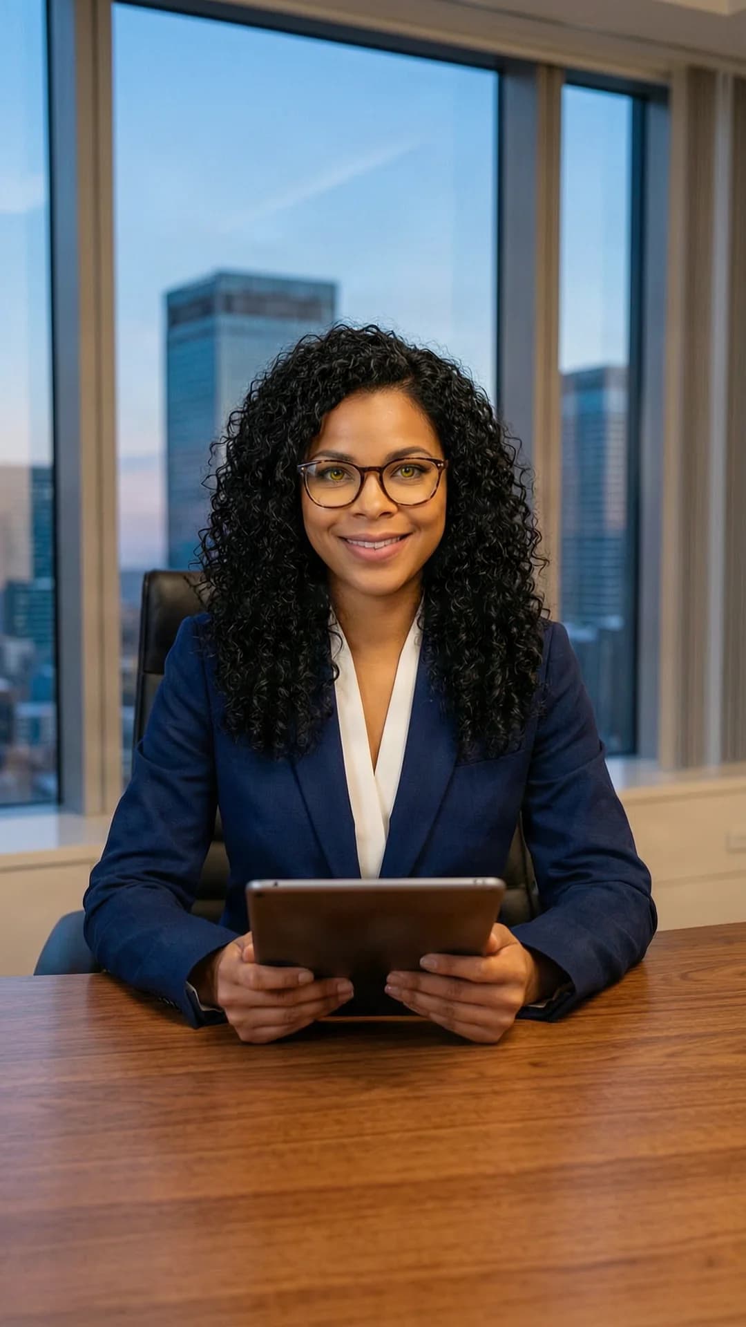 A 28-year-old Latina woman with skinny body type, curly black hair, yellow eyes and glasses, wearing a tailored navy blue power suit, sitting confidently at an executive desk in a modern corner office with floor-to-ceiling windows revealing a city skyline at dusk, professional headshot composition, eye-level medium close-up camera angle facing directly toward her, warm confident smile, holding a tablet in both hands, sophisticated makeup, styled curly hair, direct eye contact with warm professional charm and subtle smile, soft warm office lighting highlighting her features and the sleek modern interior, body upright with poised posture, Flawless anatomy, no extra digits, no extra limbs, realistic skin texture, high-detail.