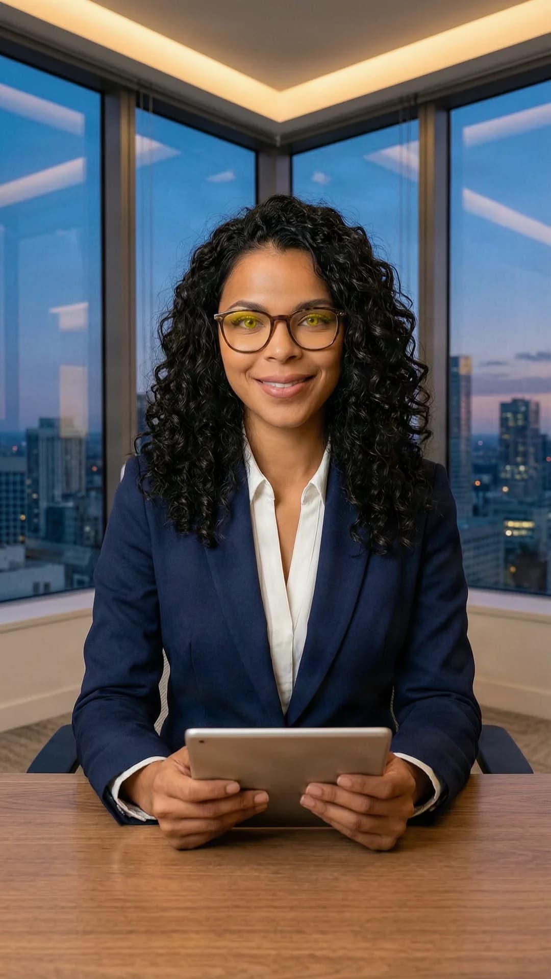 A 28-year-old Latina woman with skinny body type, curly black hair, yellow eyes and glasses, wearing a tailored navy blue power suit, sitting confidently at an executive desk in a modern corner office with floor-to-ceiling windows revealing a city skyline at dusk, professional headshot composition, eye-level medium close-up camera angle facing directly toward her, warm confident smile, holding a tablet in both hands, sophisticated makeup, styled curly hair, direct eye contact with warm professional charm and subtle smile, soft warm office lighting highlighting her features and the sleek modern interior, body upright with poised posture, Flawless anatomy, no extra digits, no extra limbs, realistic skin texture, high-detail.