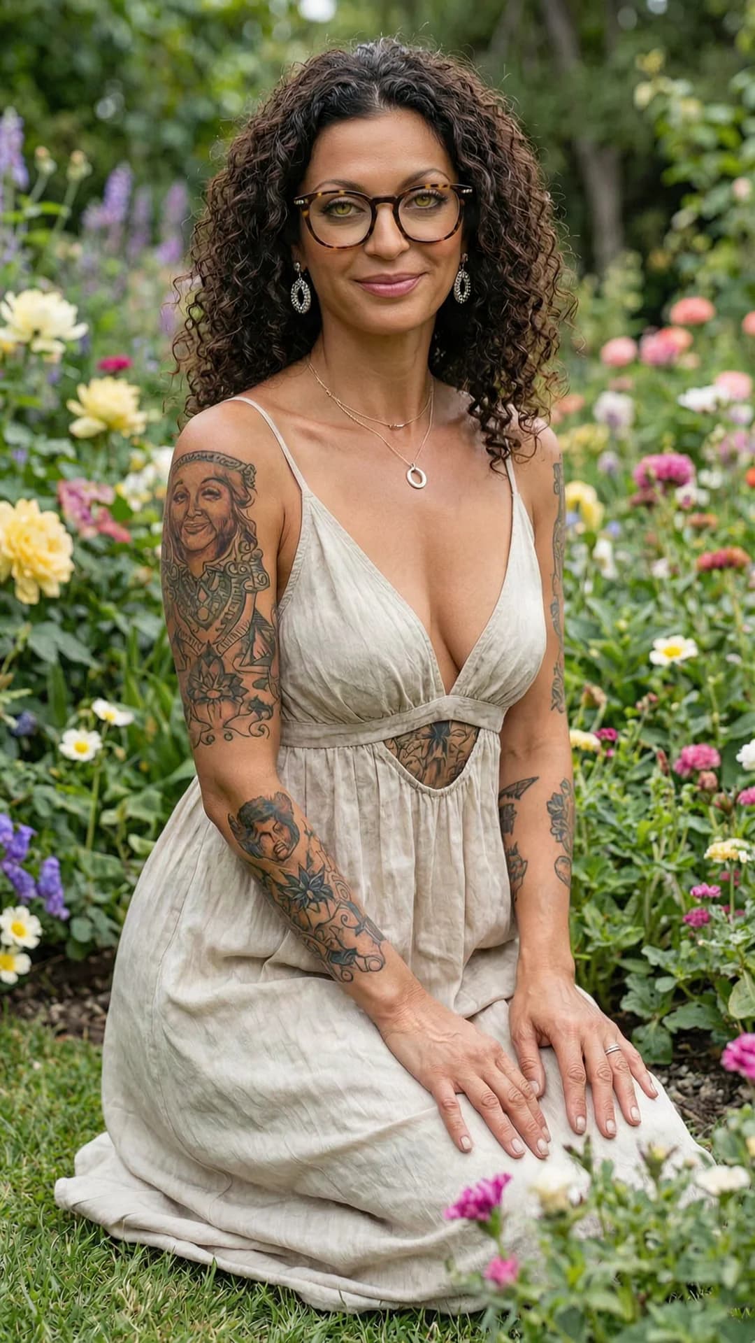 A 40-year-old Latina woman with a skinny body, curly brunette hair, yellow eyes, wearing stylish glasses, beautiful earrings and an elegant necklace, dressed in a light flowy summer dress that drapes gracefully over her form, kneeling in an elegant upright pose amid a lush beautiful garden filled with vibrant flowers, her tattoos visible on her arms and torso with belly piercings subtly glinting, direct eye contact with serene elegant expression and soft smile, medium full-body shot from a low three-quarter angle POV emphasizing her poised kneeling stance and flowing dress fabric, soft natural daylight with gentle shadows, Flawless anatomy, no extra digits, no extra limbs, realistic skin texture, high-detail.
