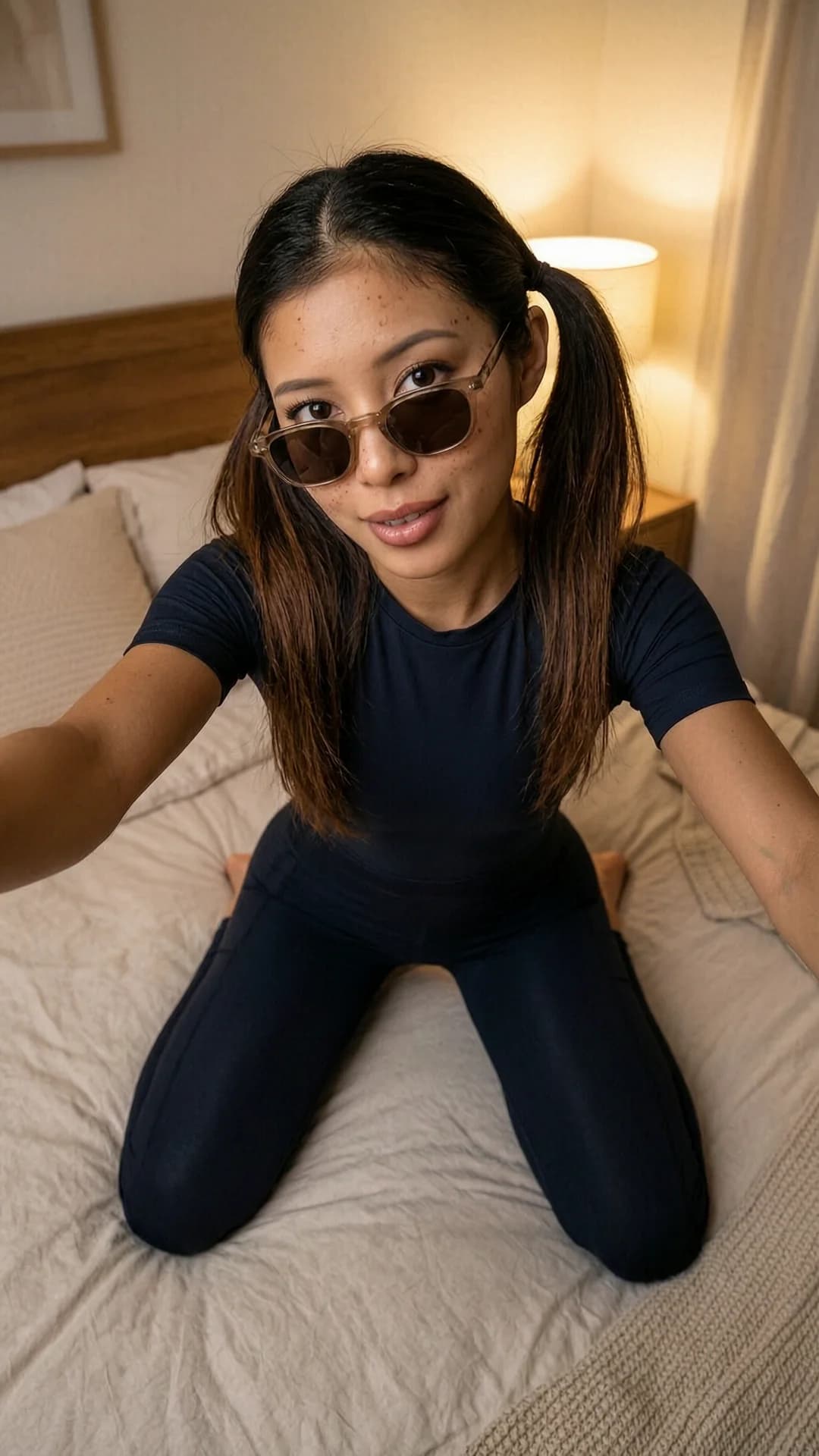 A 27-year-old skinny Asian woman with brunette pigtails, brown eyes, and freckles, kneeling in an elegant athletic pose on the bed in a cozy bedroom setting, wearing a stylish fitted jumpsuit and trendy sunglasses, strict first-person POV looking down, intense upward eye contact with playful seductive expression, lips parted, soft warm lighting highlighting her slim frame and toned muscles, body positioned with knees spread and back slightly arched, Flawless anatomy, no extra digits, no extra limbs, realistic skin texture, high-detail.