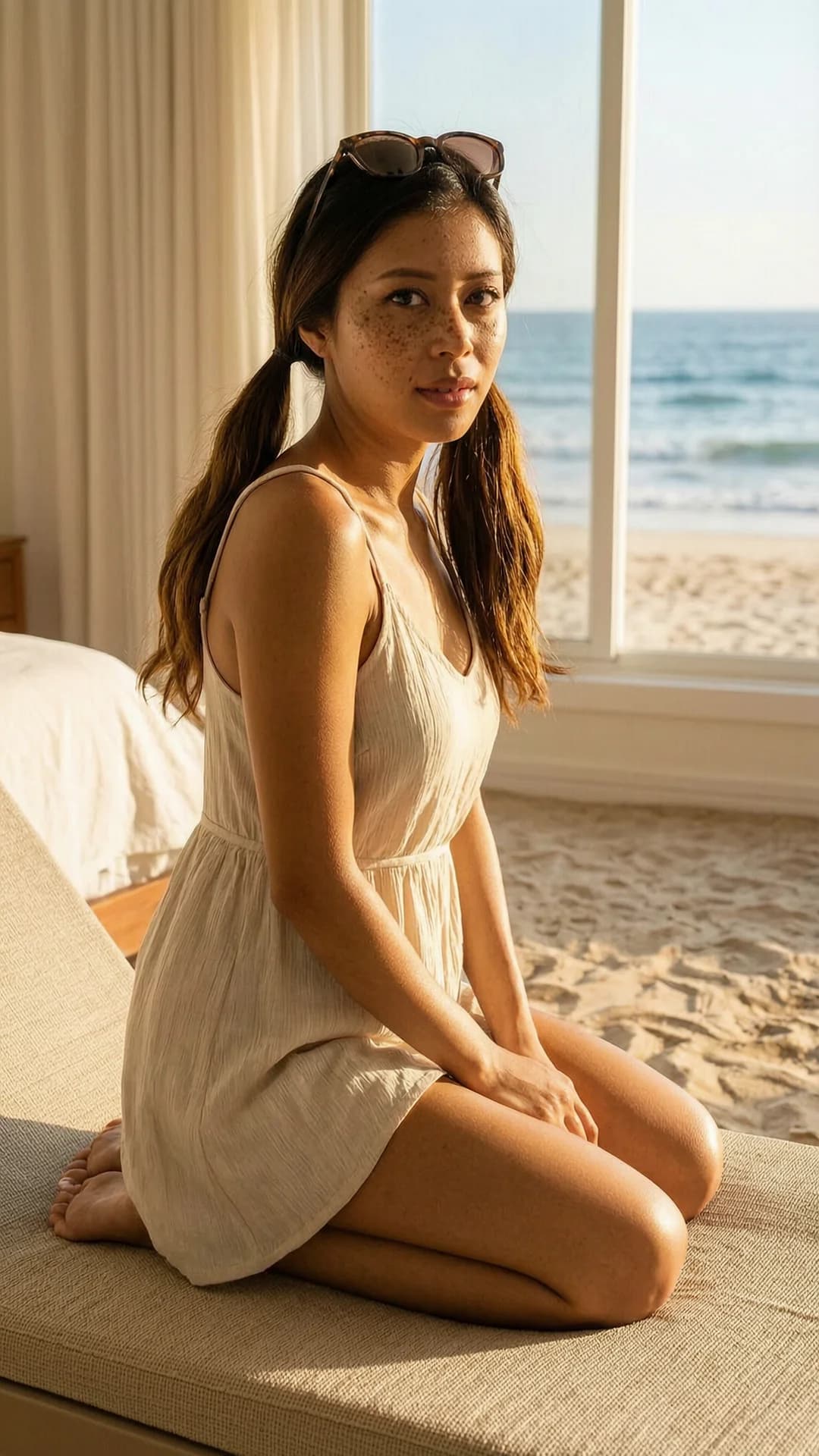 A 27-year-old skinny Asian woman with brunette pigtails, brown eyes and freckles, kneeling elegantly on a beach lounger while tanning under bright sunlight, athletic pose with toned legs folded beneath her, wearing a light flowy summer dress that clings to her slim frame and trendy sunglasses perched on her nose, cozy bedroom setting with large windows overlooking the ocean, soft golden hour lighting casting warm highlights on her skin, medium close-up from side angle, intense upward eye contact with seductive lust and lips parted, body physics showing subtle muscle tension and natural skin sheen, Flawless anatomy, no extra digits, no extra limbs, realistic skin texture, high-detail.