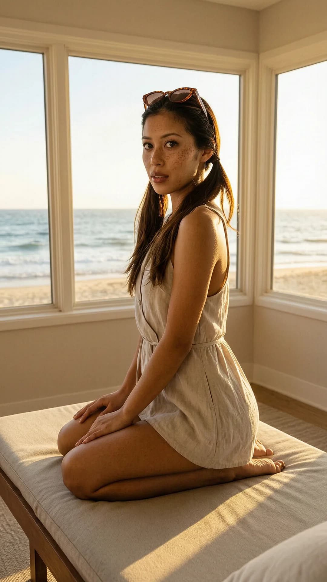A 27-year-old skinny Asian woman with brunette pigtails, brown eyes and freckles, kneeling elegantly on a beach lounger while tanning under bright sunlight, athletic pose with toned legs folded beneath her, wearing a light flowy summer dress that clings to her slim frame and trendy sunglasses perched on her nose, cozy bedroom setting with large windows overlooking the ocean, soft golden hour lighting casting warm highlights on her skin, medium close-up from side angle, intense upward eye contact with seductive lust and lips parted, body physics showing subtle muscle tension and natural skin sheen, Flawless anatomy, no extra digits, no extra limbs, realistic skin texture, high-detail.