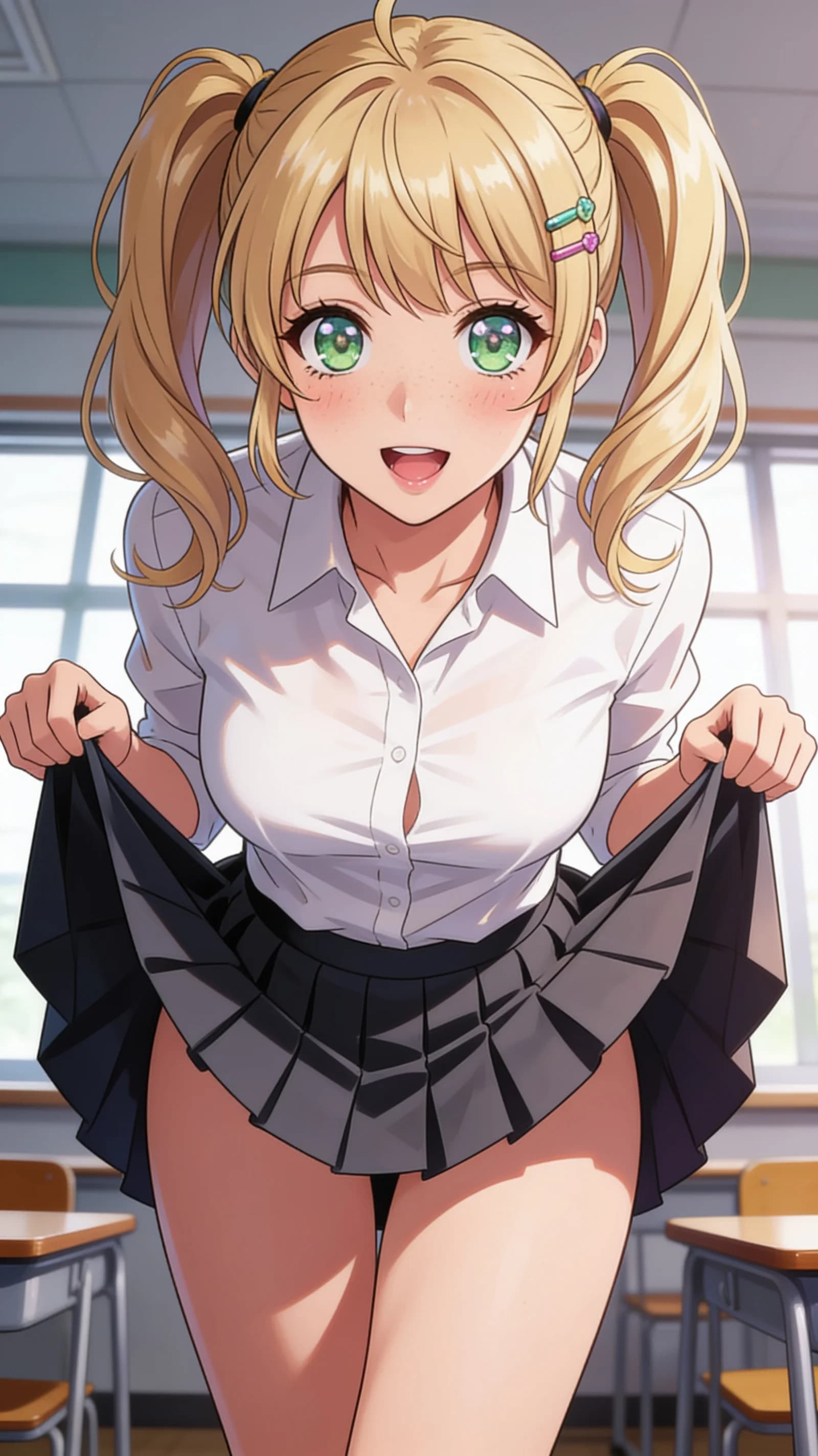 anime style, 2D cel-shaded anime illustration, anime key visual, flat cel shading, clean bold line art, vibrant saturated colors, large detailed expressive anime eyes with crisp catchlights, flat 2D rendering, not photorealistic, not 3D render, 21-year-old caucasian woman with blonde pigtails, green eyes, fit body, freckles, standing in her school uniform with white blouse and pleated skirt lifted high by both hands to fully reveal her smooth shaved pussy, strict first-person POV medium close-up from front angle centered on her waist-up frame in vertical 9:16 portrait composition, shy and nervous expression with blushing cheeks and parted lips, direct nervous eye contact with the viewer, soft diffused classroom window light casting gentle highlights on her skin and uniform folds with subtle shadows, nsfw, detailed anime cel shading, crisp clean linework, correct anatomy, hands cleanly drawn with five fingers, studio-quality anime key visual; avoid: photorealistic, 3D render, extra fingers, deformed hands, blurry, low detail.