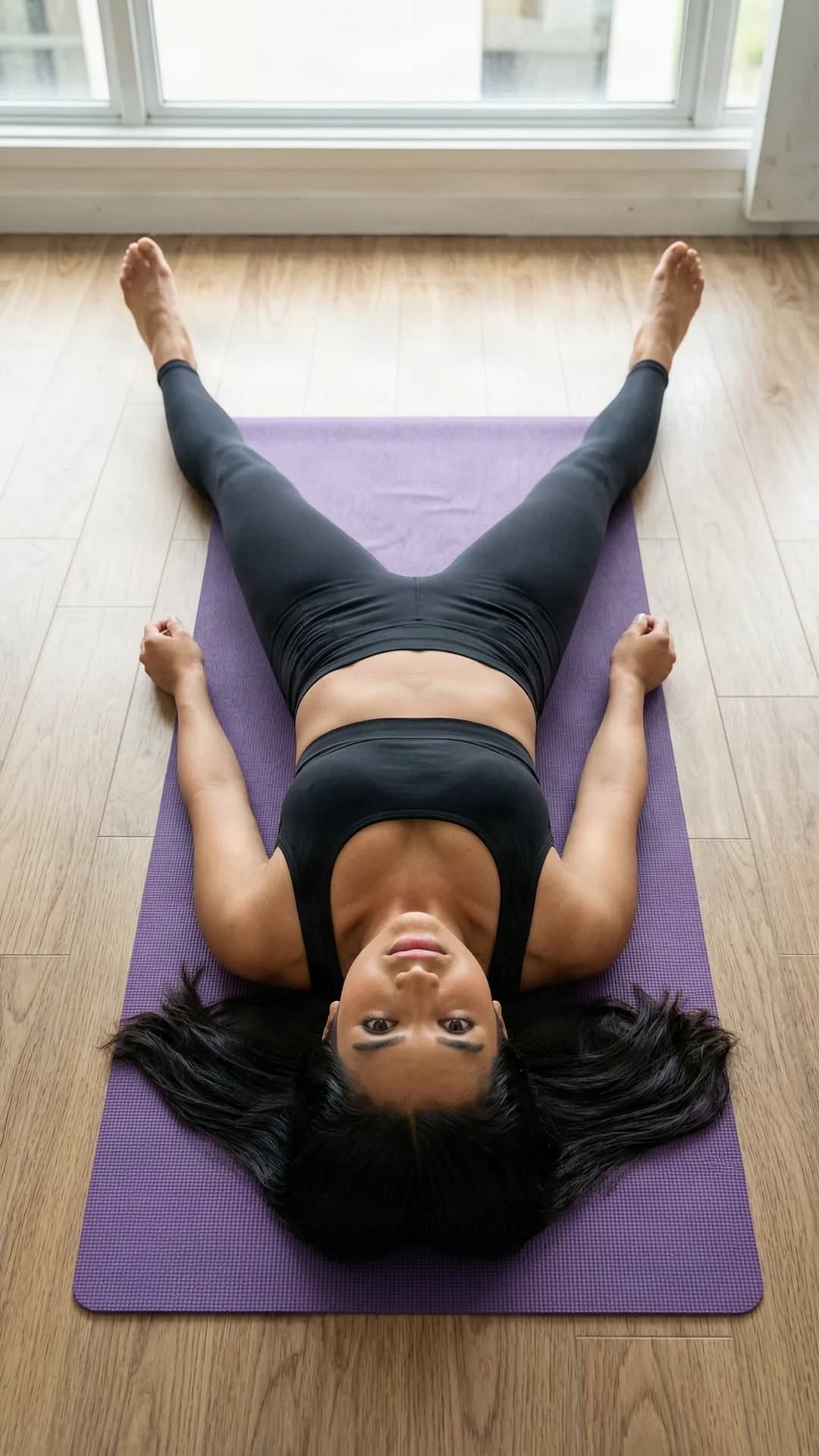 A 22-year-old Latina woman with long black hair, brown eyes, and a skinny body type lies supine in a straddle yoga pose on a purple mat inside a bright modern yoga studio with wooden floors and large windows, wearing a form-fitting black yoga outfit of sports bra and high-waisted leggings that hug her slender frame, legs spread wide apart in full straddle with knees straight and feet flexed, arms relaxed palms-up beside her head, back arched slightly against the mat, high-angle POV looking down from directly above her head, intense upward eye contact with serene focused calm and lips gently parted, soft natural daylight illuminating her smooth skin with subtle sheen, long black hair fanned out across the mat, peaceful meditative mood, slender body tension visible in stretched inner thighs and toned core, Flawless anatomy, no extra digits, no extra limbs, realistic skin texture, high-detail.