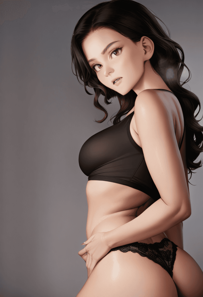 fit body type, large butt size, moaning in pleasure while sensually petting her black lace panties, with a sensual, realistic expression.