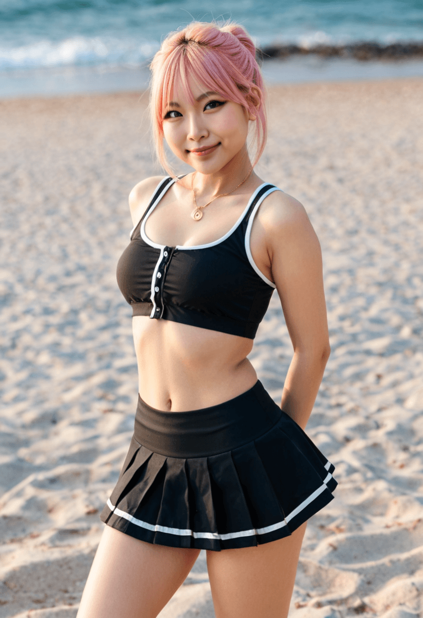 Wearing short black tennis skirt and a crop top shirt, portrait picture, looking at the viewer with a smile, wearing a stylish bikini on the beach