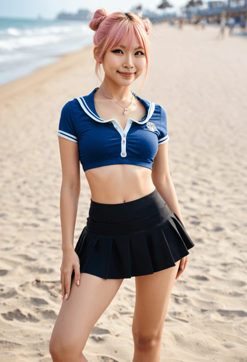 Wearing short black tennis skirt and a crop top shirt, portrait picture, looking at the viewer with a smile, wearing a stylish bikini on the beach