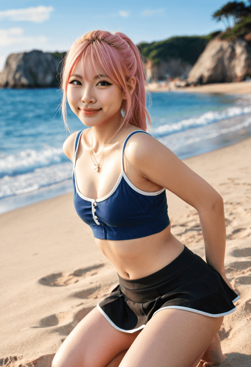 18-year-old asian woman, fit body, small breasts, medium butt, realistic style, full-body portrait on the beach, wearing short black tennis skirt and crop top shirt over stylish bikini, looking at viewer with a smile, detailed face, high resolution, photorealistic, natural lighting, sandy beach background, cyberrealistic sdxl, on a sunny beach with ocean waves, squatting position, athletic pose