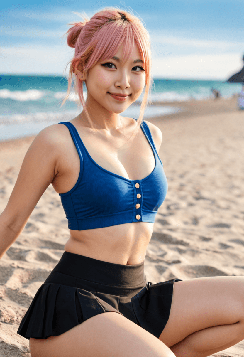 18-year-old asian woman, fit body, small breasts, medium butt, realistic style, full-body portrait on the beach, wearing short black tennis skirt and crop top shirt over stylish bikini, looking at viewer with a smile, detailed face, high resolution, photorealistic, natural lighting, sandy beach background, cyberrealistic sdxl, on a sunny beach with ocean waves, squatting position, athletic pose