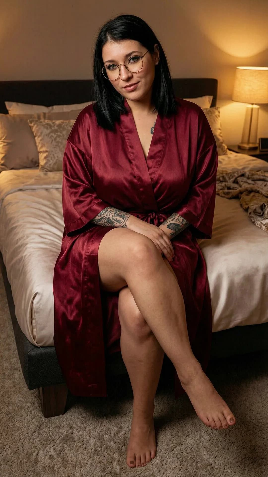 28-year-old Arabic woman with chubby body type, straight black hair, green eyes, freckles across her nose and cheeks, intricate tattoos on her arms and shoulders, wearing stylish thin-rimmed glasses, dressed in a luxurious deep red satin robe loosely tied at the waist revealing subtle cleavage and smooth curves, sitting casually relaxed on the edge of a king-sized bed in a cozy dimly lit bedroom with warm ambient lighting from bedside lamps casting soft golden glows and shadows, plush pillows and rumpled silk sheets in the background, medium close-up from low front angle slightly tilted upward for intimate perspective, legs crossed casually with one foot dangling playfully, hands resting lightly on her thighs causing the satin to drape sensually over her soft belly and full hips, body physics showing natural heaviness in her chubby thighs and breasts gently pressing against the fabric with realistic sheen from the satin catching light, subtle skin texture with faint glow on her warm olive-toned skin, intense direct eye contact straight into the camera with a playful seductive smile, lips slightly parted in relaxed invitation, mood of cozy intimacy and effortless allure, flawless anatomy, no extra digits, no extra limbs, realistic skin texture, high-detail.