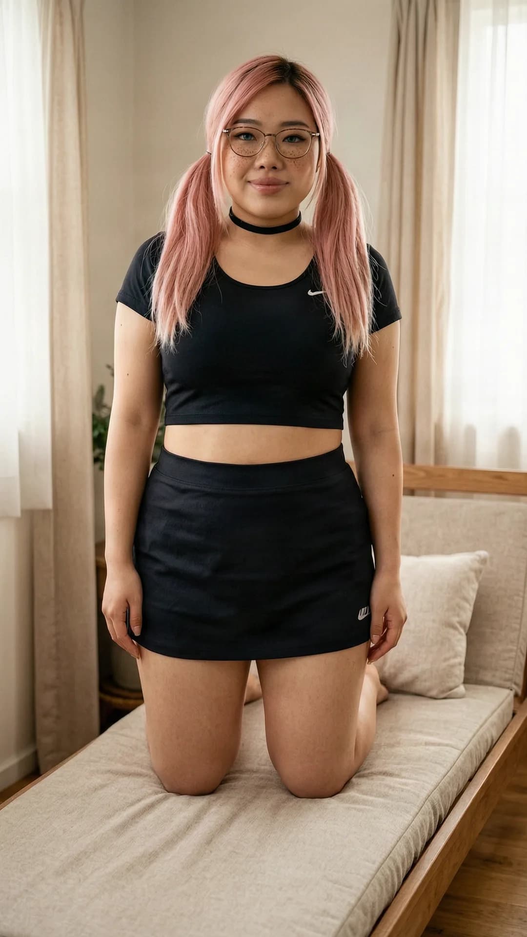 21-year-old Asian woman with chubby body type, pink hair in pigtails, blue eyes, freckles, wearing stylish glasses, captured in a medium close-up frontal portrait from a slight low angle while kneeling elegantly on a beach lounger inside a cozy bedroom setting, wearing a short black tennis skirt, crop top shirt, fashionable mini skirt, and choker, direct eye contact with the viewer and a warm inviting smile, soft natural lighting highlighting her skin texture and relaxed posture, Flawless anatomy, no extra digits, no extra limbs, realistic skin texture, high-detail.