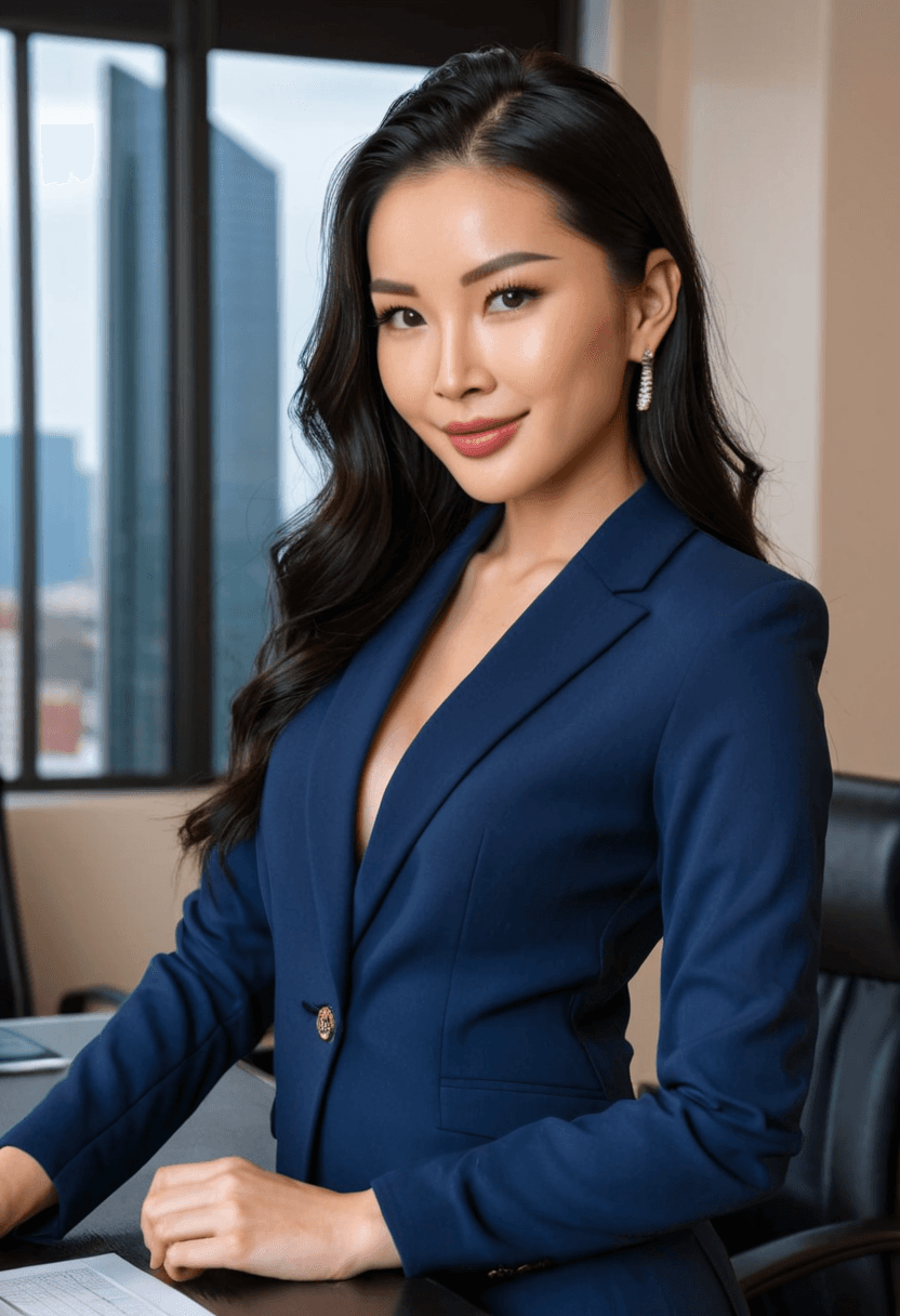 33 year old, confident Asian businesswoman, woman, wearing a tailored navy blue power suit, sophisticated makeup, perfectly styled hair, warm smile, sitting at an executive desk, holding a tablet, in a modern corner office, city skyline view through floor-to-ceiling windows, professional headshot style lighting, full body, realistic, sharp focus, high detail, photorealistic, cinematic lighting, ultra detailed