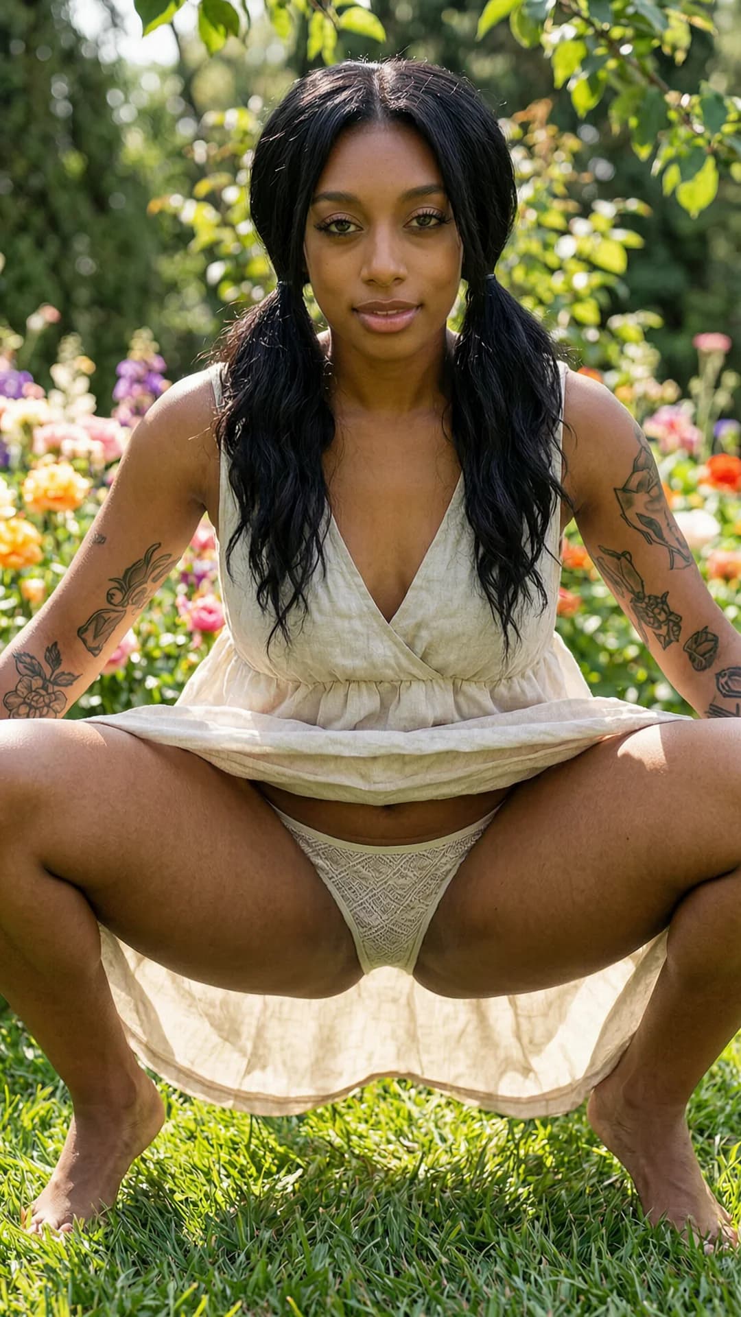 A 24-year-old black woman with a fit athletic body, black hair in pigtails, green eyes and visible tattoos, wearing a light flowy summer dress hiked up during an athletic squat in a beautiful garden filled with colorful flowers, captured from a strict low-angle front POV looking up, squatting with knees spread wide and athletic thigh tension, light fabric billowing to clearly reveal her panties, maintaining intense direct eye contact with the viewer and a seductive confident expression with lips parted, sunlight filtering through foliage casting soft highlights on her skin and dress, Flawless anatomy, no extra digits, no extra limbs, realistic skin texture, high-detail.