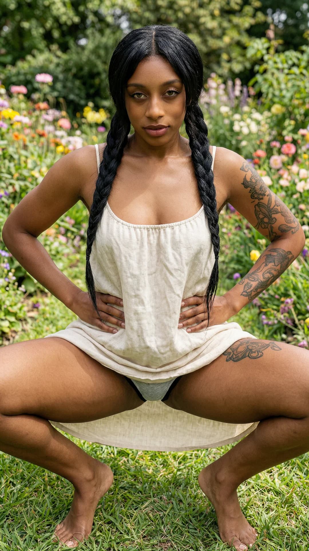24-year-old black woman with a fit athletic body, black hair in pigtails, piercing green eyes, visible tattoos on arms and thighs, wearing a light flowy summer dress hiked up during an athletic squatting pose in a beautiful garden with colorful flowers, panties clearly visible from the low angle, strict low-angle first-person POV looking up between her spread thighs, intense direct eye contact with seductive lust and parted lips, graceful athletic body tension with muscle definition, skin sheen from sunlight, full body shot emphasizing confident squatting position and elegant leg placement, soft natural garden lighting with floral background, Flawless anatomy, no extra digits, no extra limbs, realistic skin texture, high-detail.