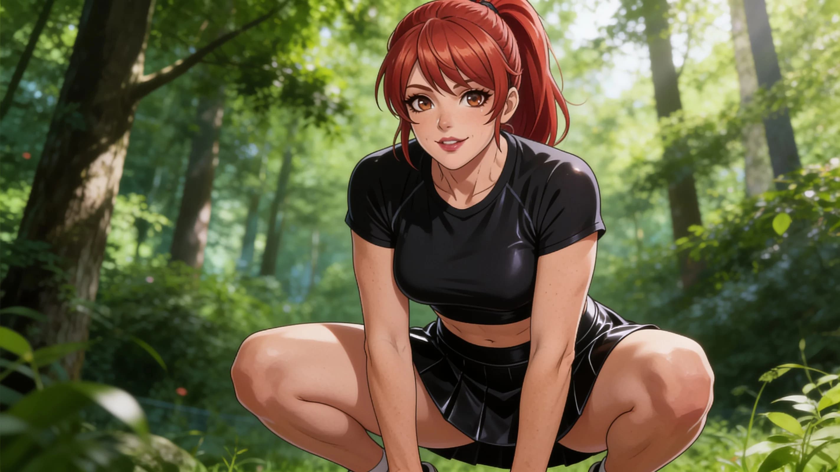 A 48-year-old Caucasian woman with red hair in a ponytail, brown eyes, and an average body type, wearing a short black latex tennis skirt and a tight crop top shirt, squatting in an athletic pose with knees bent and thighs engaged in a lush green forest setting, medium close-up front portrait angle capturing her full upper body and squatting stance, direct intense eye contact with the viewer and a warm friendly smile with lips gently parted, vibrant natural daylight filtering through trees creating soft atmospheric highlights on her skin and clothing folds, anime style, high-quality illustration. Flawless anatomy, no extra digits, no extra limbs, detailed anime shading, high-quality illustration.