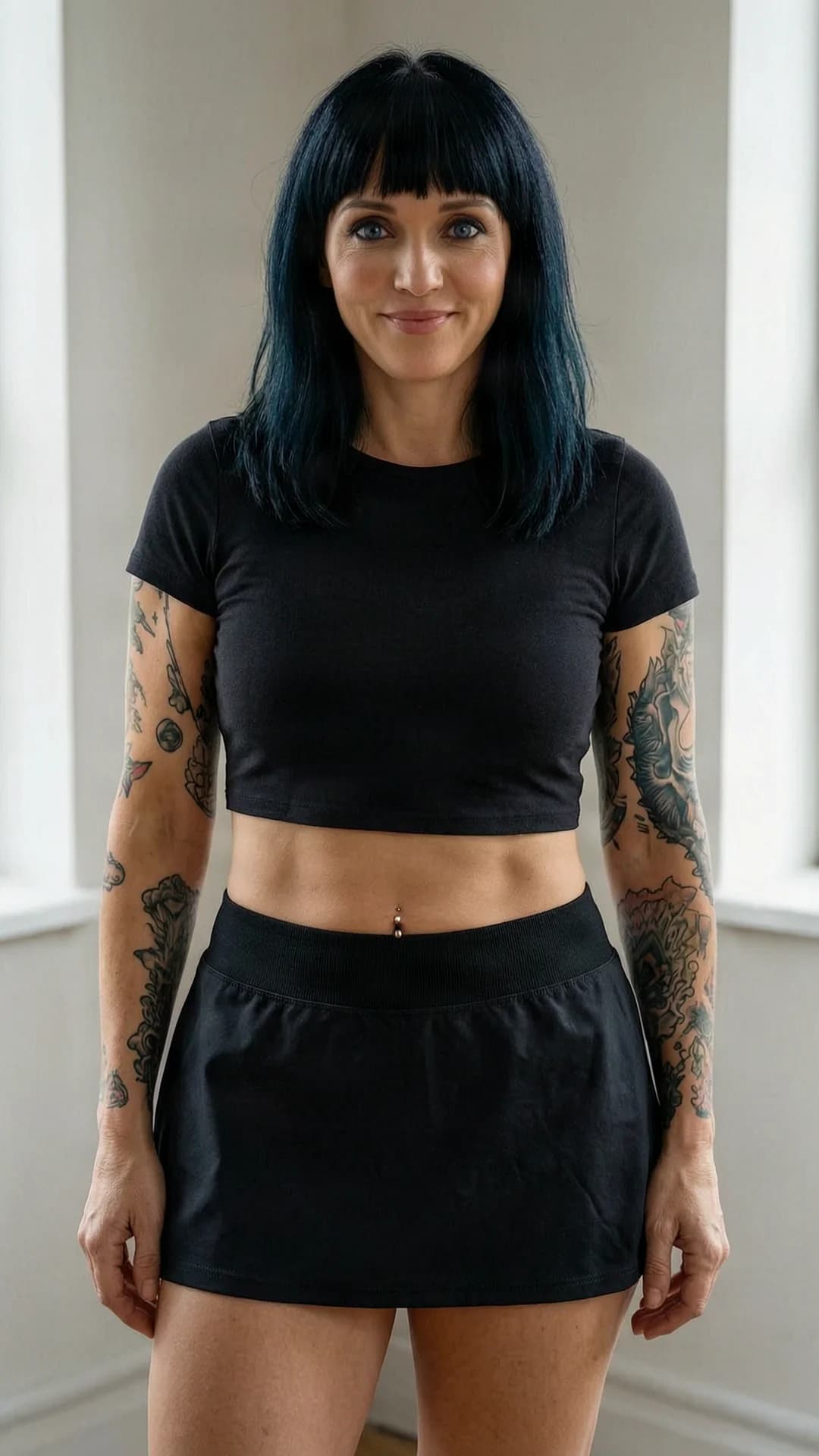 42-year-old Caucasian woman with black bangs hair, piercing blue eyes, fit toned body, visible tattoos and belly piercings, wearing a short black tennis skirt and a tight crop top shirt that exposes her midriff, standing in a relaxed pose with hips slightly tilted, close-up portrait shot from eye-level front angle with soft natural window lighting illuminating her features, direct eye contact with the viewer and a warm genuine smile, lips parted slightly, fashionable mini skirt hem riding just above mid-thigh, cinematic mood with gentle shadows and highlights on skin, Flawless anatomy, no extra digits, no extra limbs, realistic skin texture, high-detail.