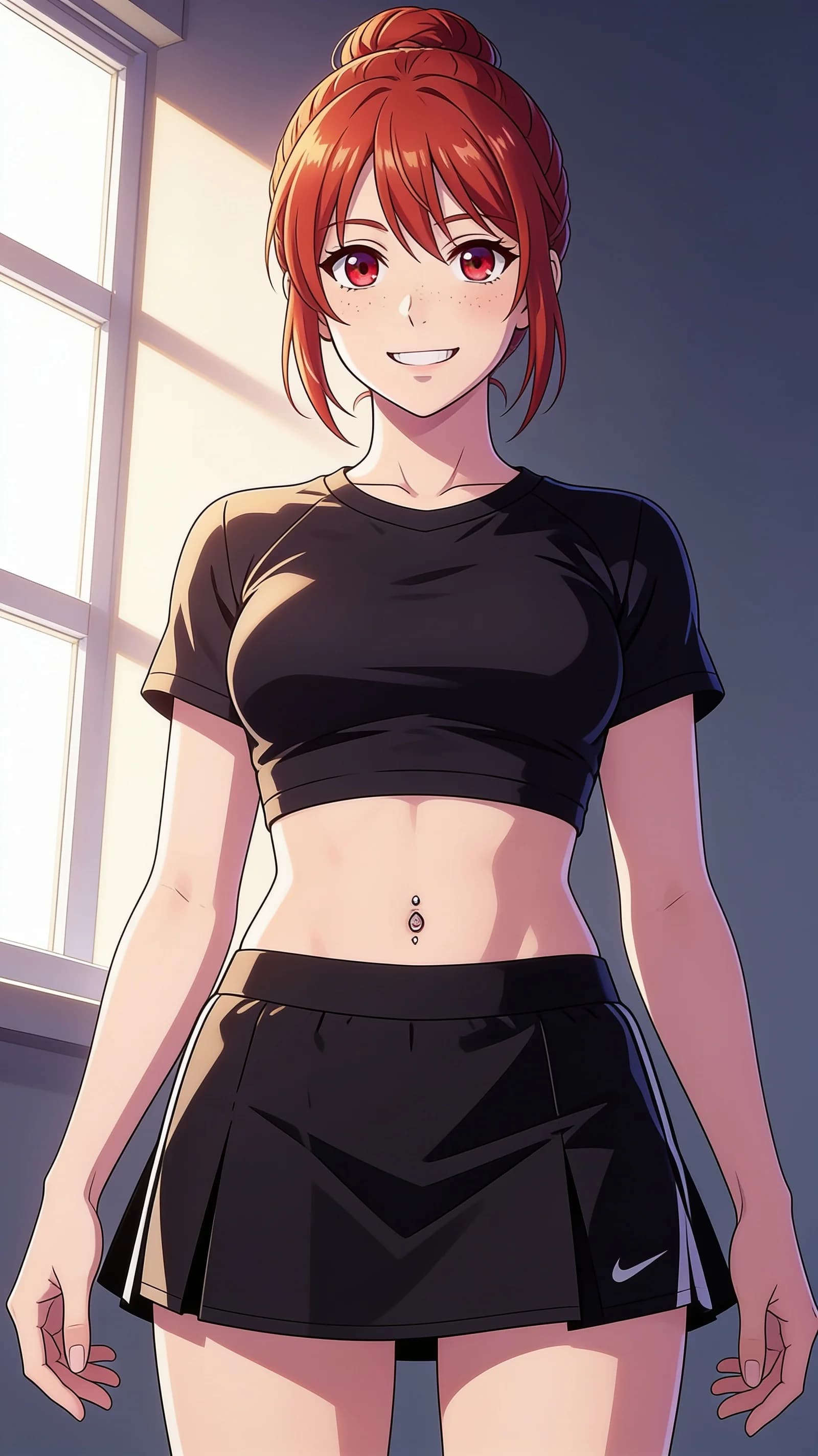 anime style, 2D cel-shaded anime illustration, anime key visual, flat cel shading, clean bold line art, vibrant saturated colors, large detailed expressive anime eyes with crisp catchlights, flat 2D rendering, not photorealistic, not 3D render, 21-year-old caucasian woman with red hair in a neat bun, red eyes, skinny build, freckles across cheeks and nose, belly piercings visible above the waistband, and trimmed pubic hair, wearing a short black tennis skirt and tight crop top shirt, standing centered in a vertical 9:16 waist-up portrait composition, direct intense eye contact with the viewer and a bright genuine smile with lips parted, front-facing medium close-up angle, soft window light from the side creating gentle highlights on skin and fabric folds with subtle rim lighting, cheerful playful mood, detailed anime cel shading, crisp clean linework, correct anatomy, hands cleanly drawn with five fingers, studio-quality anime key visual; avoid: photorealistic, 3D render, extra fingers, deformed hands, blurry, low detail.