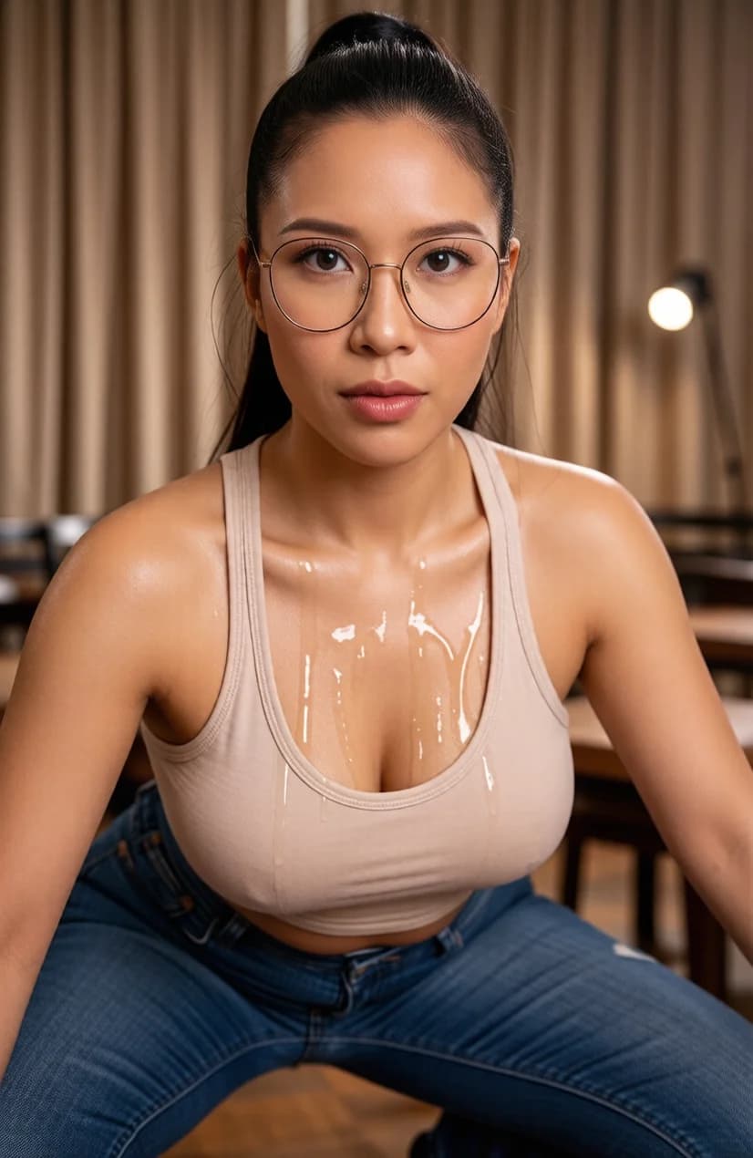 A 28-year-old Asian woman with a fit athletic body, black hair tied in a tight ponytail, piercing blue eyes, stylish glasses, and visible nipple piercings, captured in a low-angle first-person POV looking down at her while she squats in an athletic wide-legged pose inside an upscale restaurant with elegant dim lighting and polished wooden tables, wearing a tight V-neck tank top and fitted blue jeans, receiving a thick explicit cumshot splattered across her entire outfit with visible semen streaks soaking the fabric over her chest and thighs, intense upward eye contact with seductive lust and parted lips, nsfw, aroused body tension with erect nipples pressing against the wet fabric, skin sheen from restaurant lighting, detailed cum texture on clothing, body positioned low to the ground with knees bent and hips thrust forward, Flawless anatomy, no extra digits, no extra limbs, realistic skin texture, high-detail.