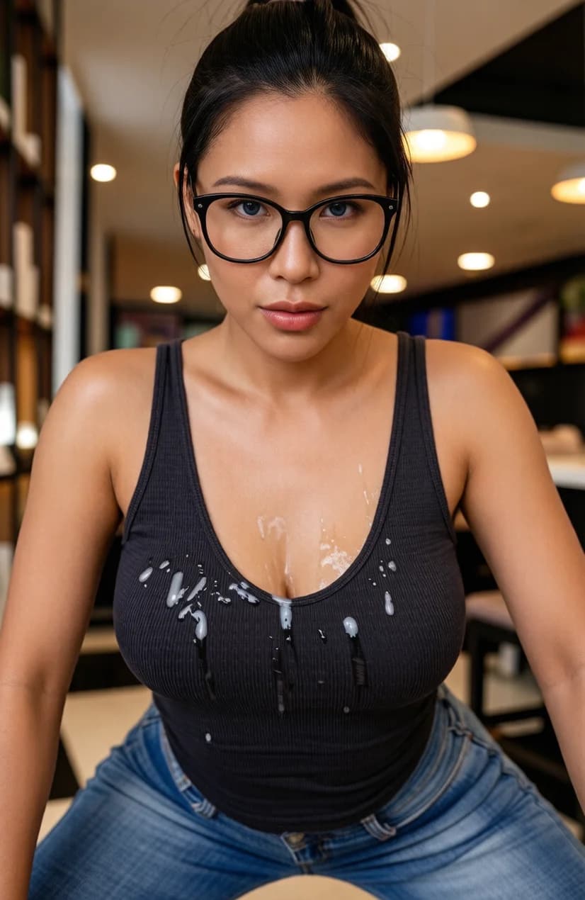 A 28-year-old Asian woman with a fit athletic body, black ponytail hair, piercing blue eyes, stylish glasses, and visible nipple piercings, wearing a tight V-neck tanktop and fitted blue jeans, squatting in an athletic pose at an upscale restaurant table with elegant lighting and soft ambient glow, receiving a thick cumshot splattered across her entire outfit with visible semen streaks on the tanktop and jeans, strict first-person POV looking down at her from above, intense upward eye contact with seductive lust and lips parted, explicit wet cum texture dripping down fabric, body tension in squatting thighs and arched back, skin sheen from restaurant lighting, nsfw, Flawless anatomy, no extra digits, no extra limbs, realistic skin texture, high-detail.