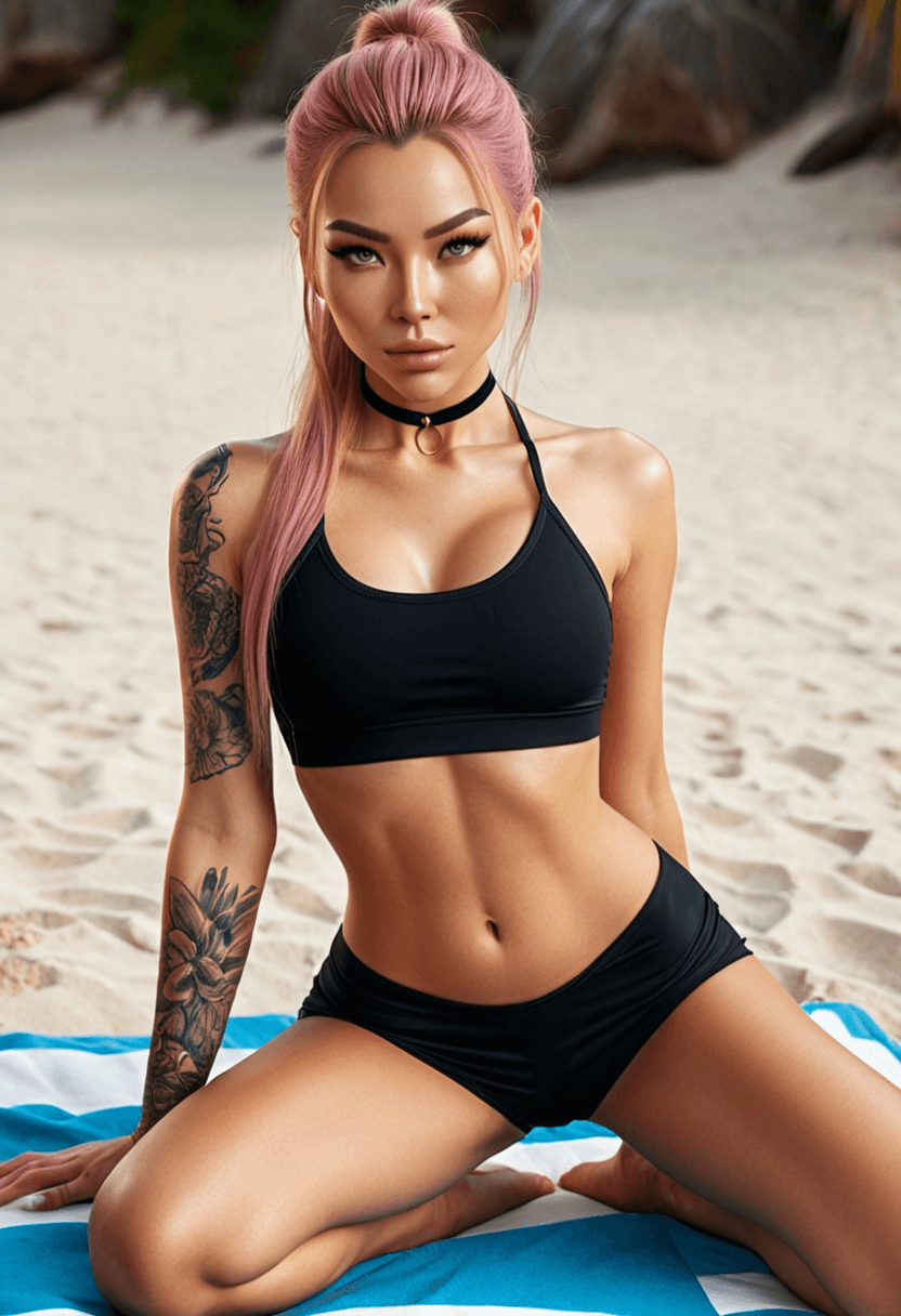 Wearing short black tennis skirt and a crop top shirt, portrait picture, looking at the viewer with a smile, wearing a fashionable mini skirt, kneeling pose, elegant position, tanning on a beach lounger, with artistic tattoos, wearing a fashionable choker, in a cozy bedroom setting, wearing a stylish bikini on the beach, wearing a stylish fitted jumpsuit, stretching gracefully, squatting position, athletic pose