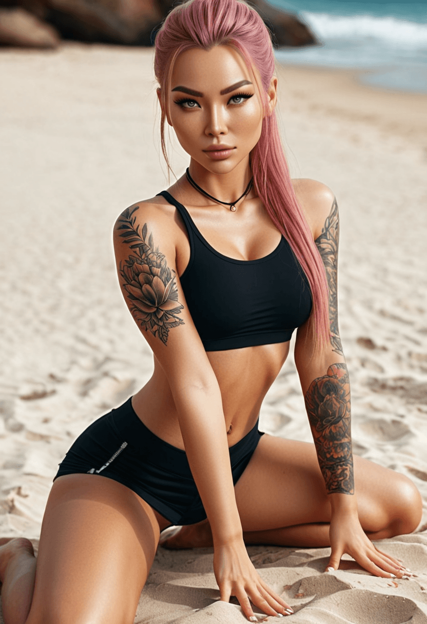 Wearing short black tennis skirt and a crop top shirt, portrait picture, looking at the viewer with a smile, wearing a fashionable mini skirt, kneeling pose, elegant position, tanning on a beach lounger, with artistic tattoos, wearing a fashionable choker, in a cozy bedroom setting, wearing a stylish bikini on the beach, wearing a stylish fitted jumpsuit, stretching gracefully, squatting position, athletic pose